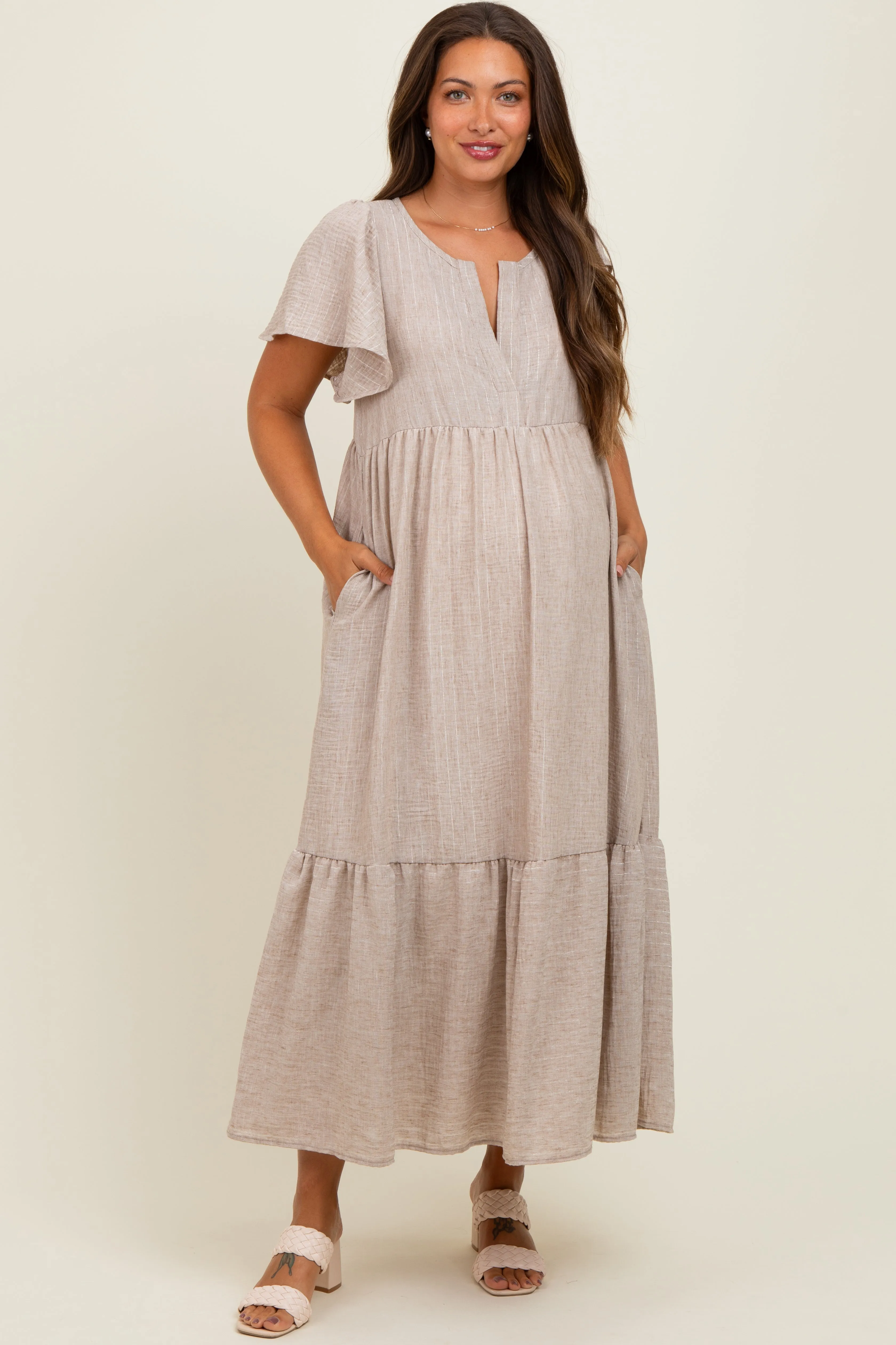 Mocha/Silver Striped Short Sleeve V-Neck Tiered Maternity Midi Dress sold by Pinkblush