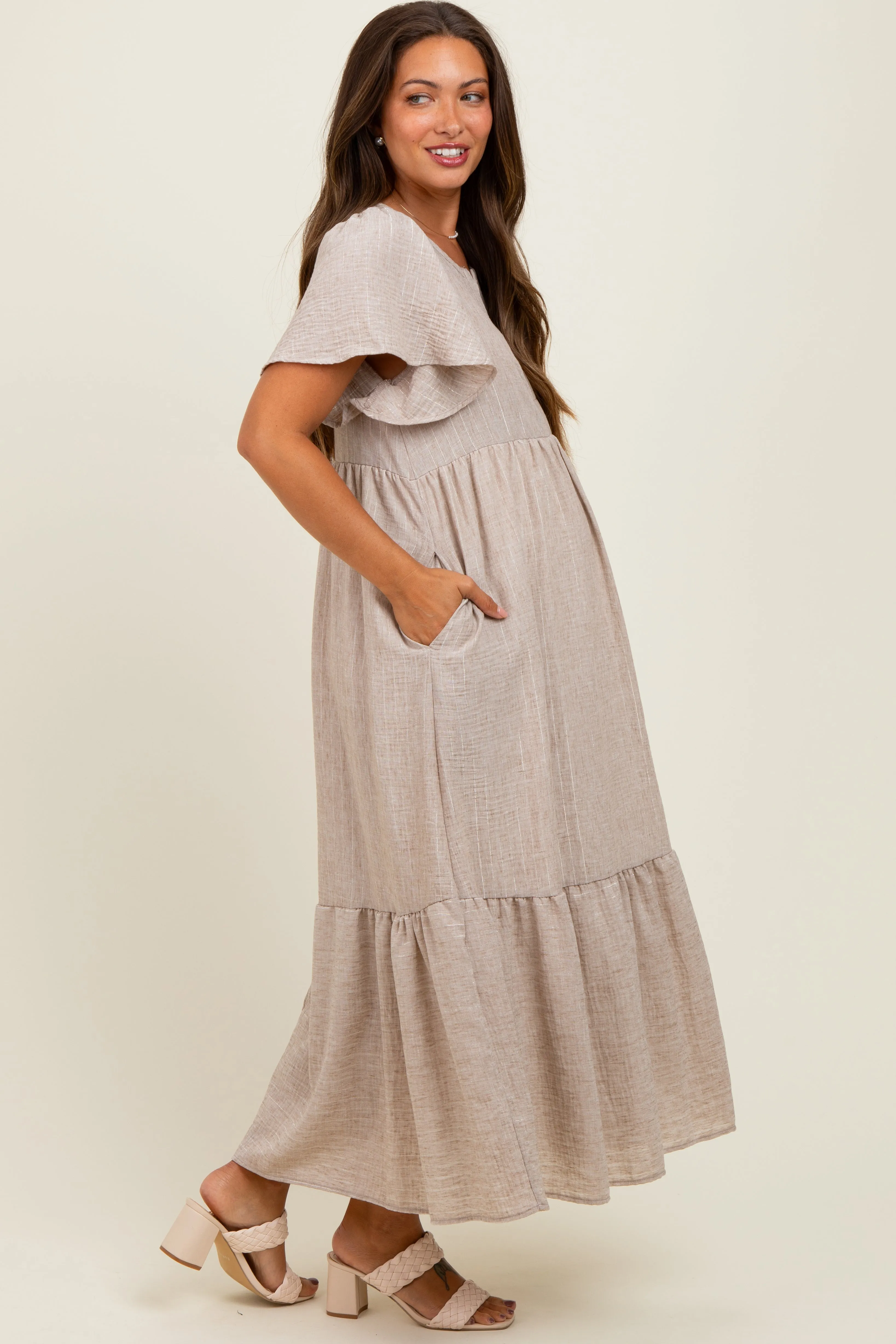 Mocha/Silver Striped Short Sleeve V-Neck Tiered Maternity Midi Dress sold by Pinkblush product image thumbnail 2