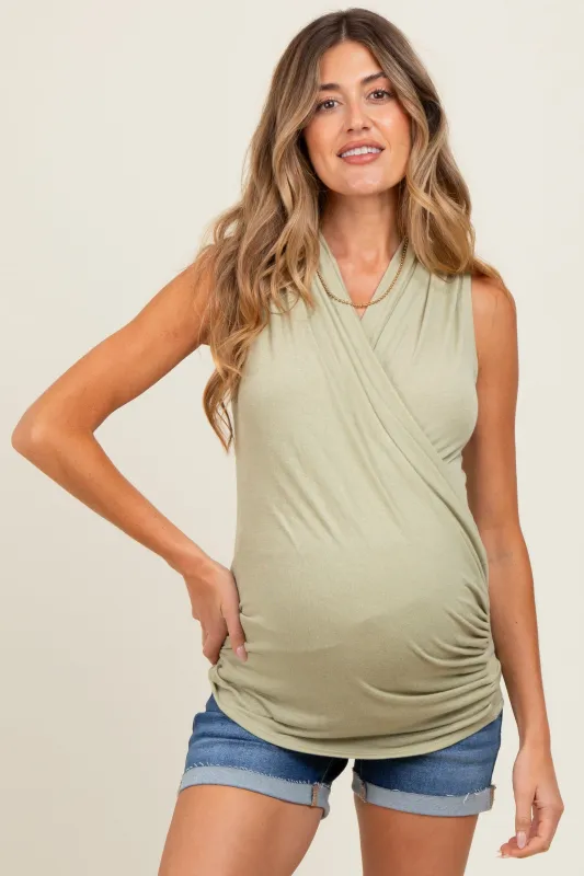 Sage Draped Crossover Maternity Sleeveless Top sold by Pinkblush