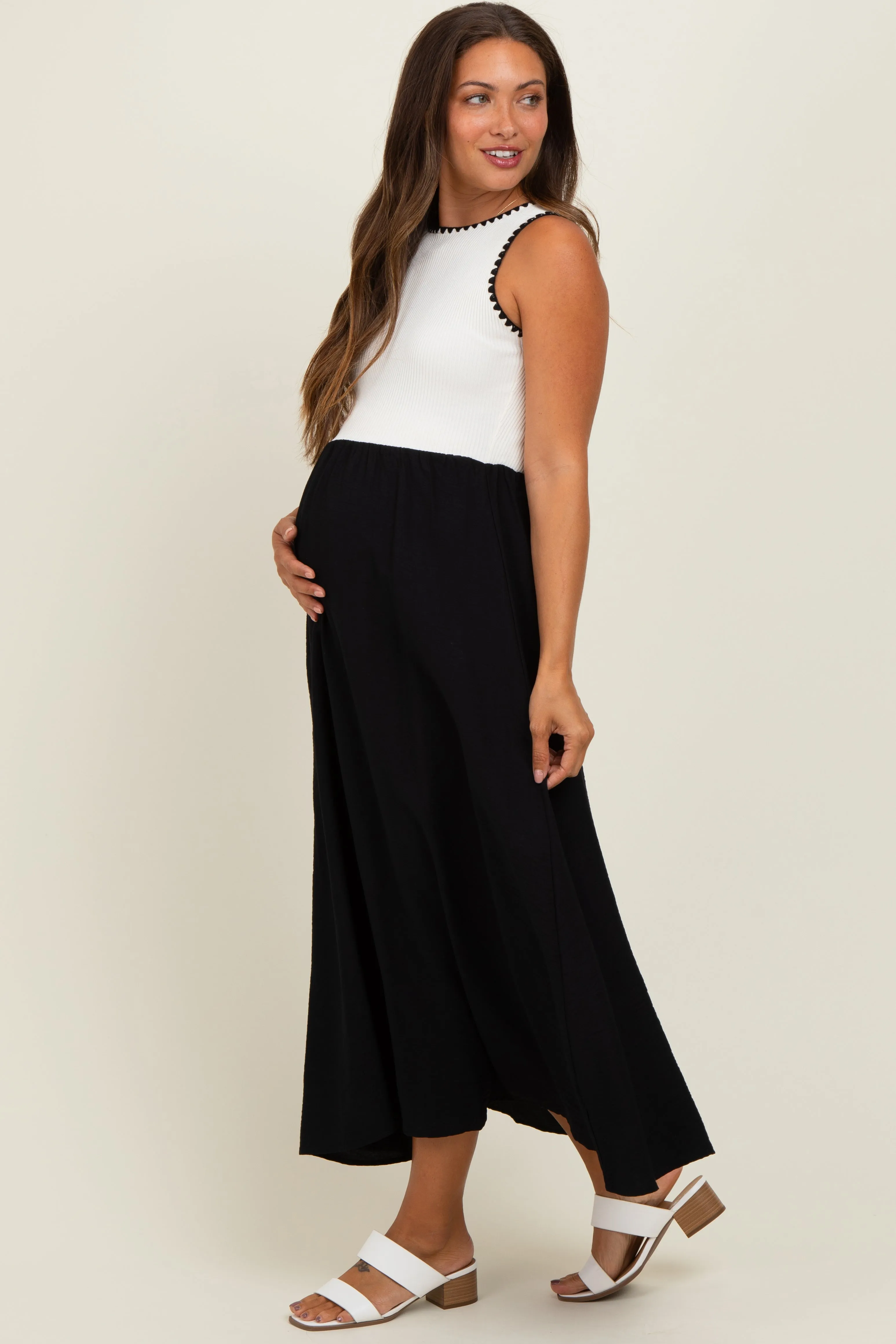 Black Contrast Knit Top Sleeveless Maternity Midi Dress sold by Pinkblush product image thumbnail 2