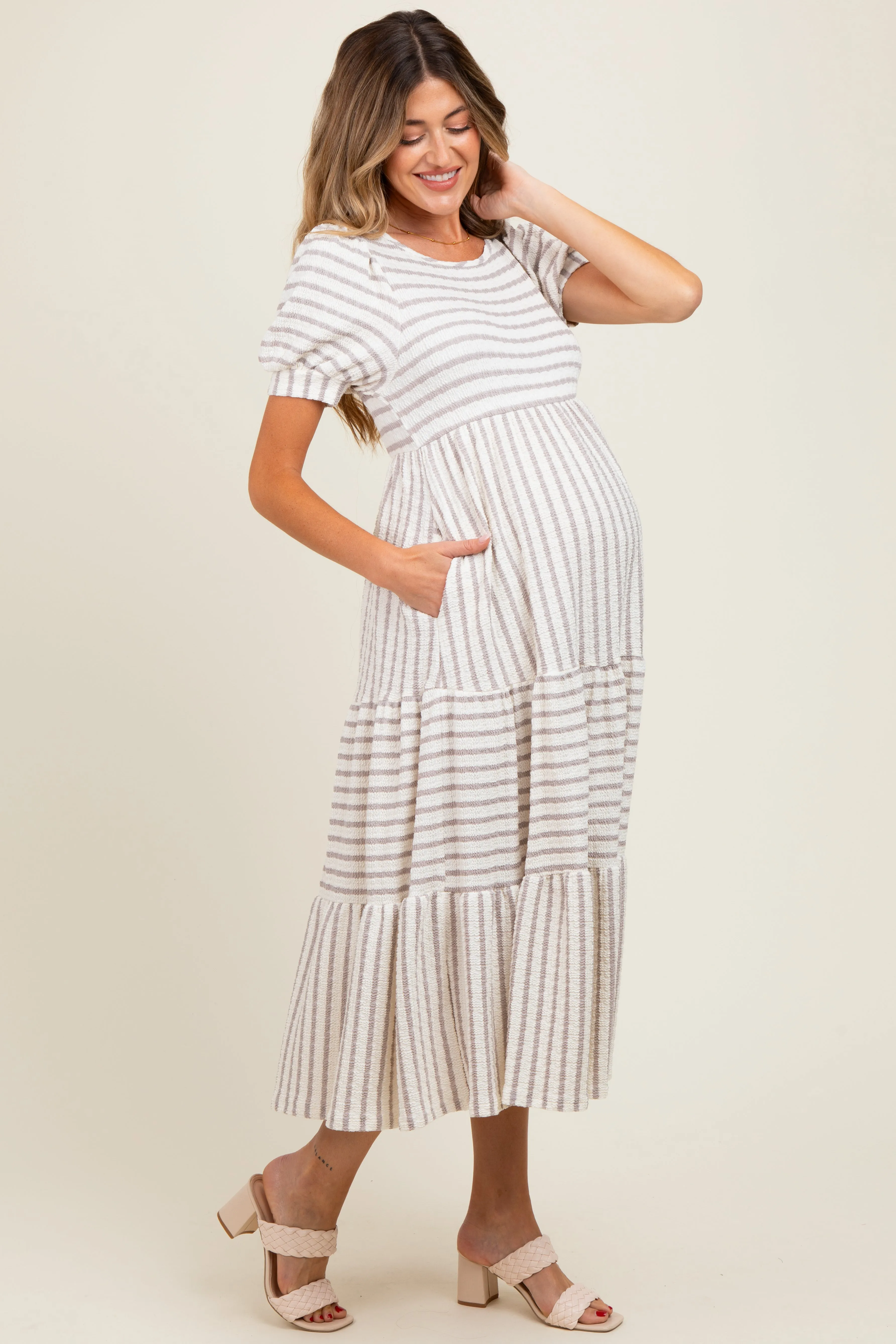 Cream/Taupe Striped Short Sleeve Tiered Maternity Maxi Dress sold by Pinkblush product image thumbnail 2