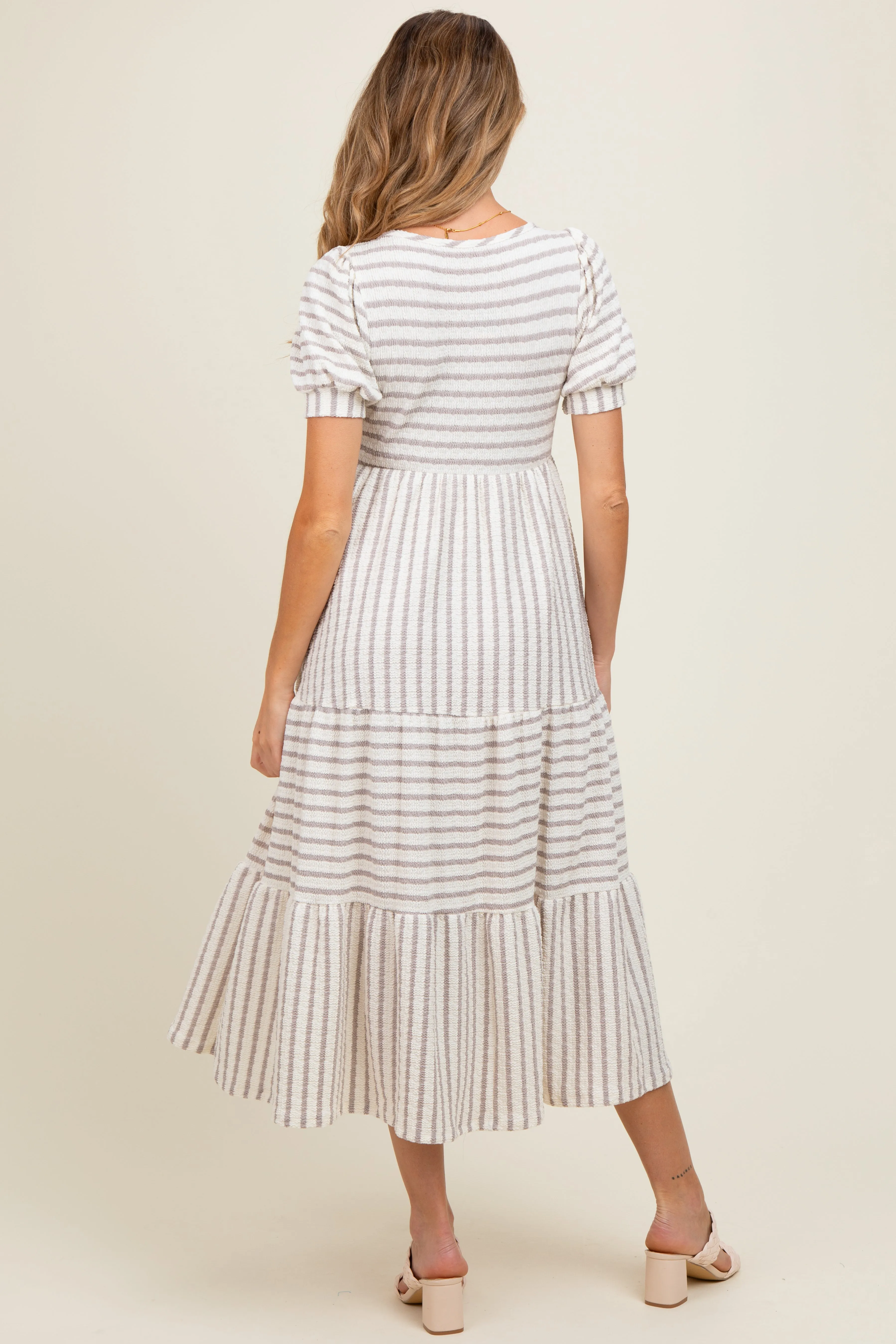 Cream/Taupe Striped Short Sleeve Tiered Maternity Maxi Dress sold by Pinkblush product image thumbnail 3