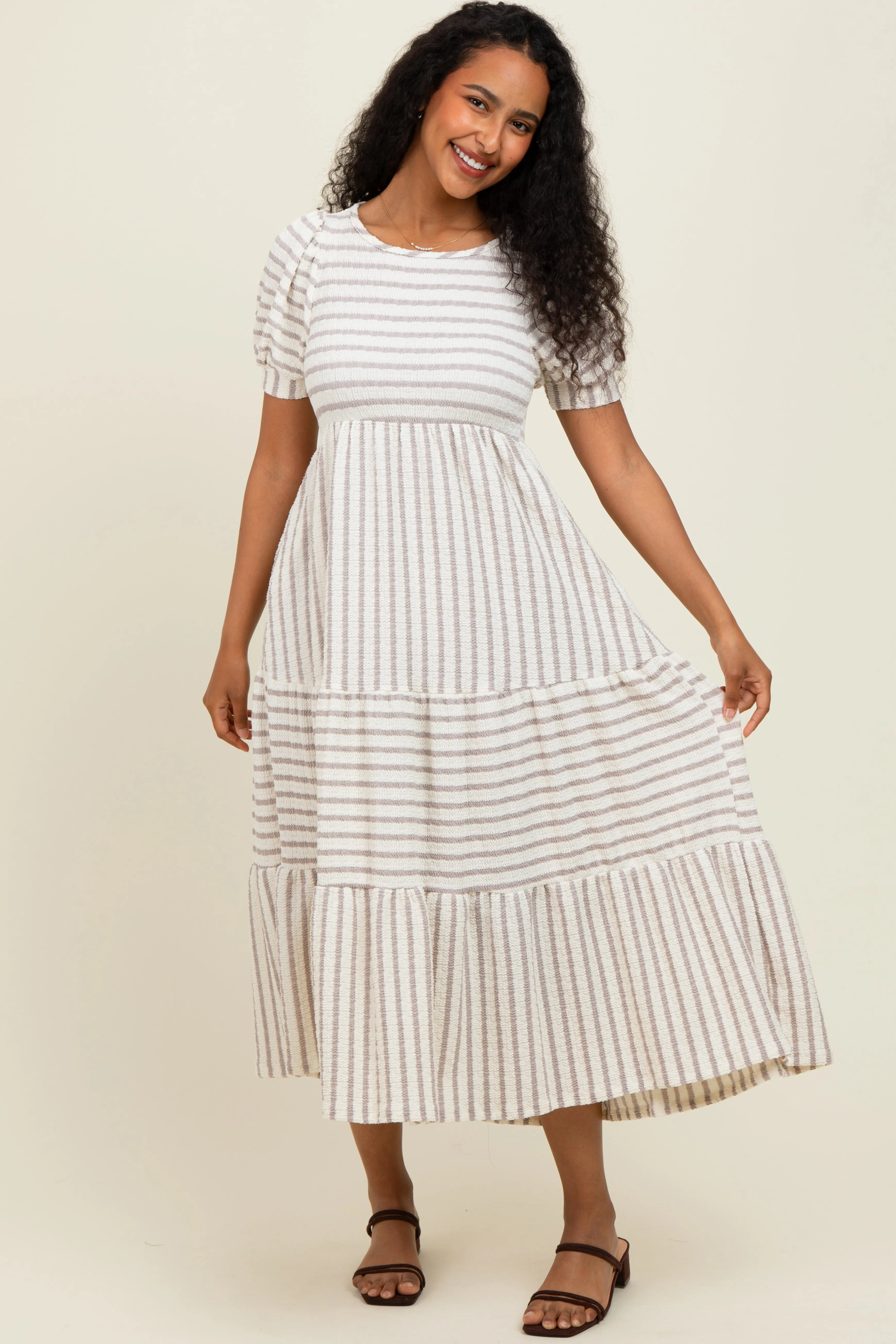 Cream/Taupe Striped Short Sleeve Tiered Maternity Maxi Dress sold by Pinkblush product image thumbnail 4