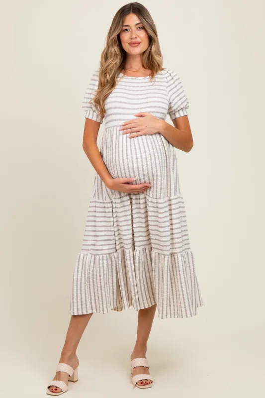 Cream/Taupe Striped Short Sleeve Tiered Maternity Maxi Dress sold by Pinkblush