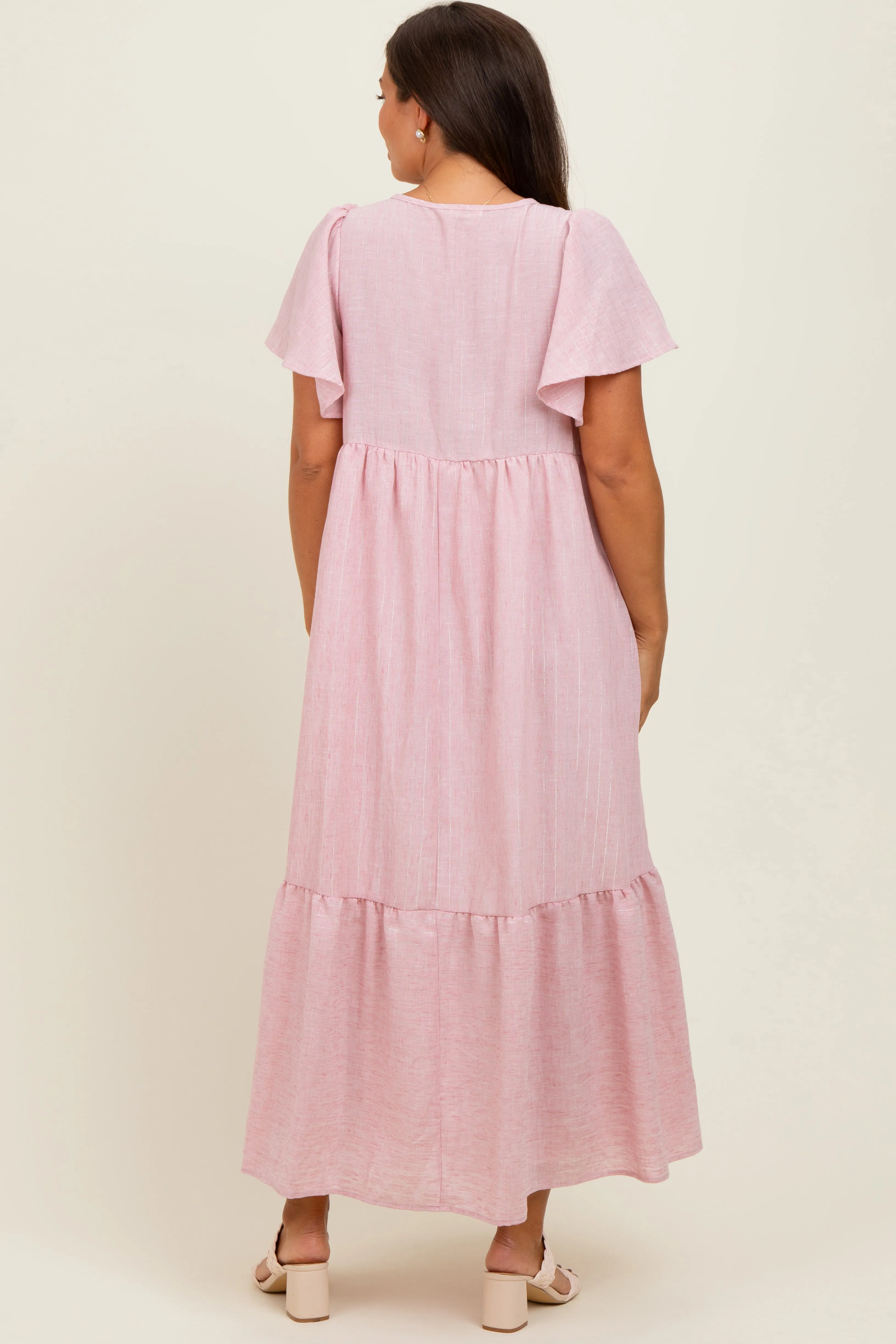 Pink/Silver Striped Short Sleeve V-Neck Tiered Maternity Midi Dress sold by Pinkblush product image thumbnail 3