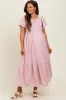 Pink/Silver Striped Short Sleeve V-Neck Tiered Maternity Midi Dress sold by Pinkblush