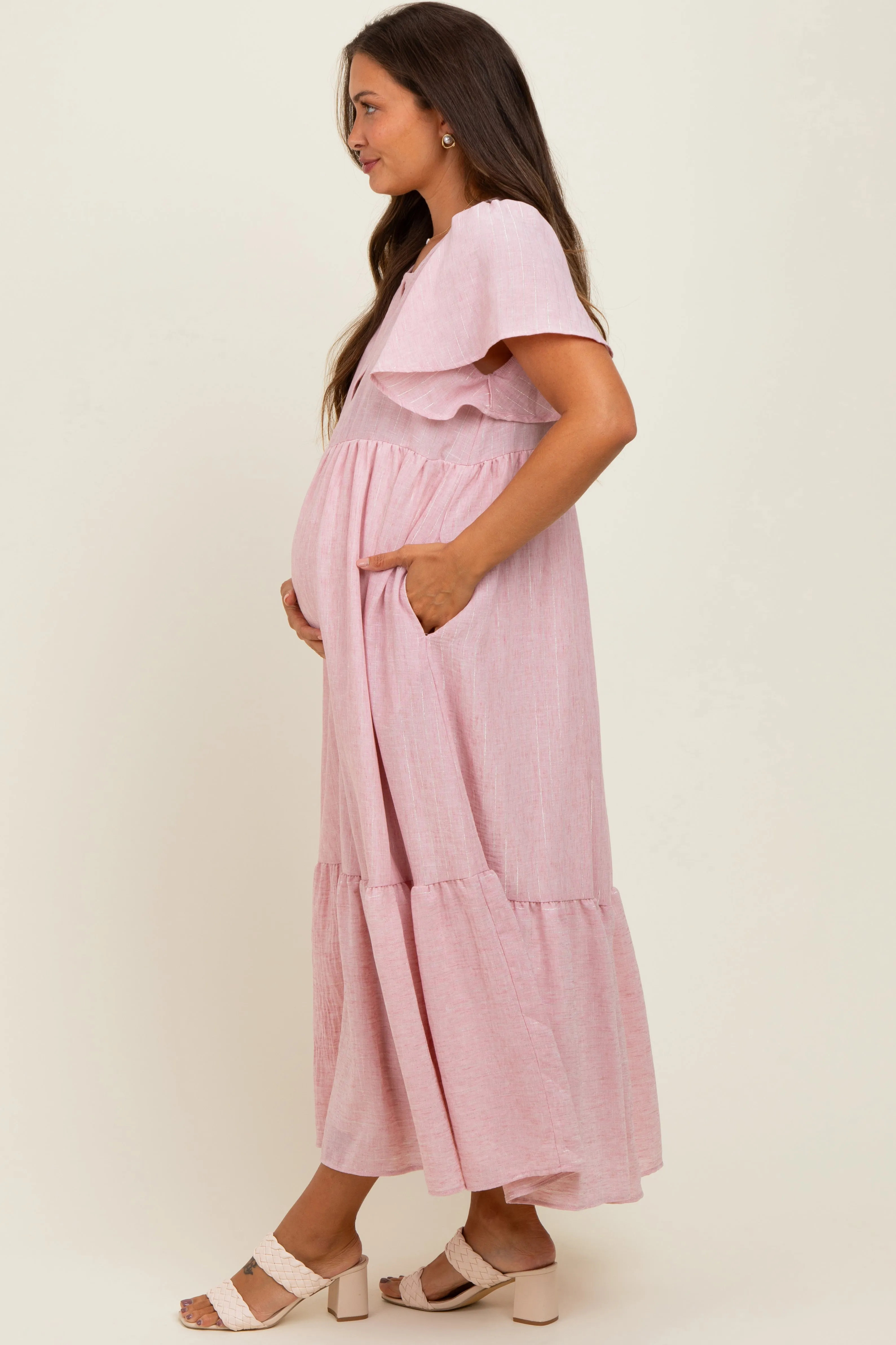Pink/Silver Striped Short Sleeve V-Neck Tiered Maternity Midi Dress sold by Pinkblush product image thumbnail 2