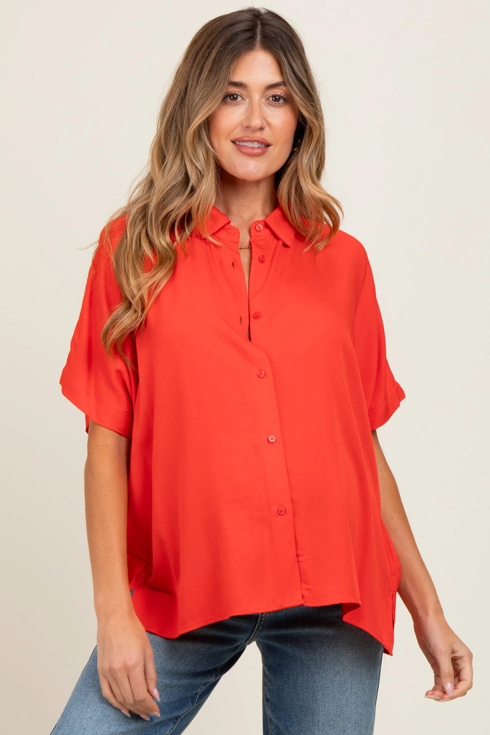Red Dolman Sleeve Button Down Maternity Blouse sold by Pinkblush
