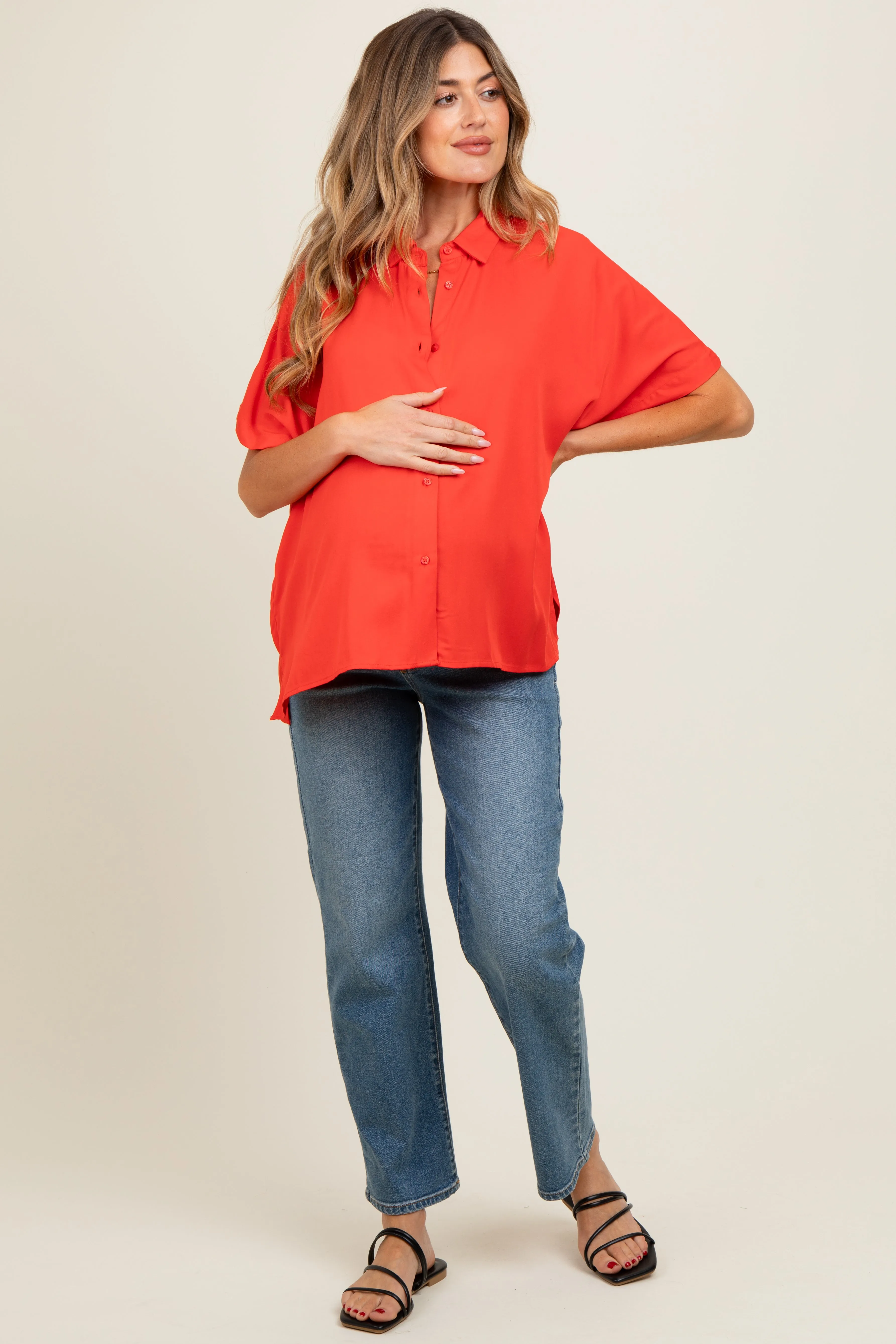 Red Dolman Sleeve Button Down Maternity Blouse sold by Pinkblush product image thumbnail 2