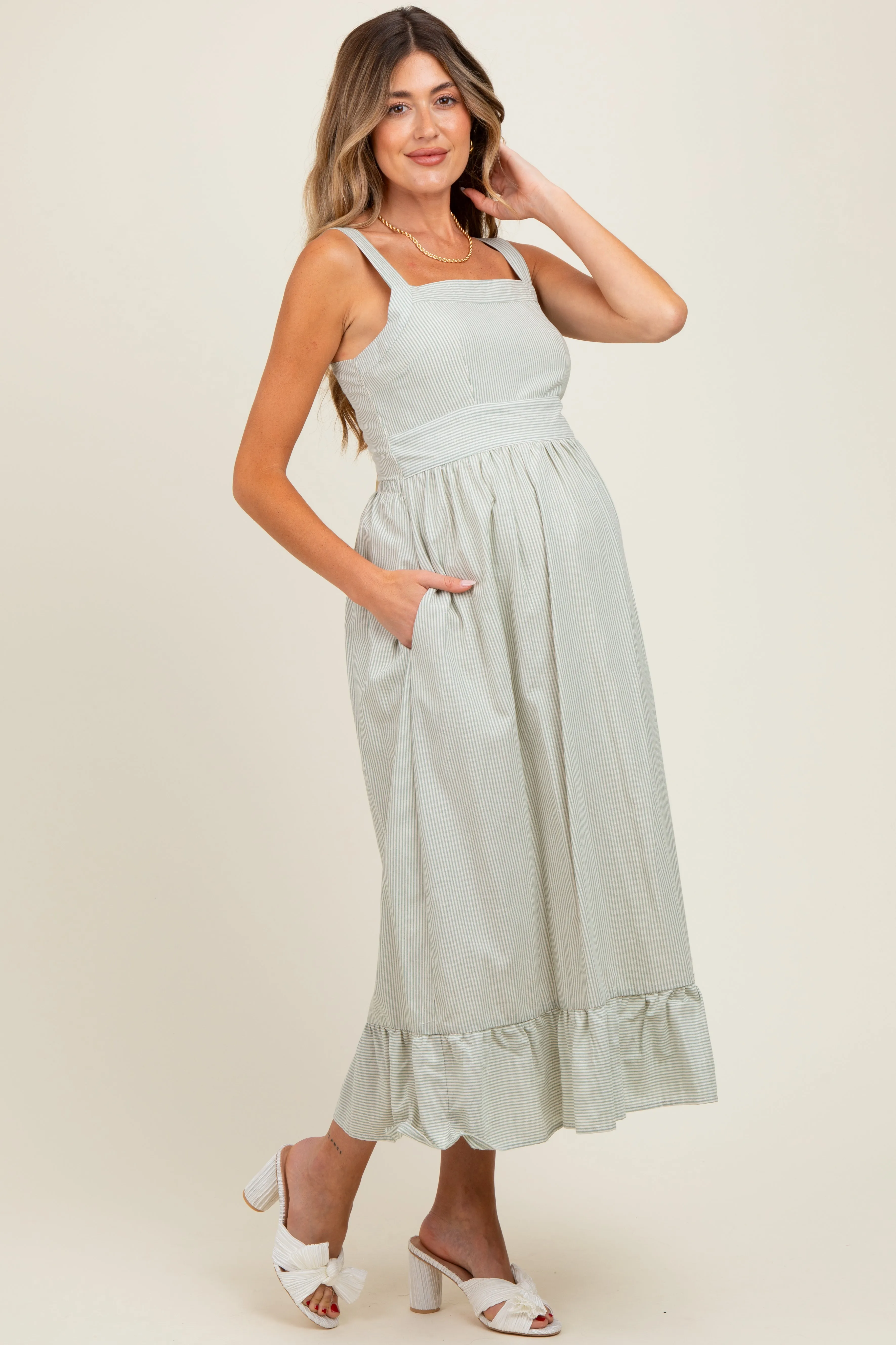 Mint Green Striped Cotton Sleeveless Maternity Dress sold by Pinkblush product image thumbnail 3
