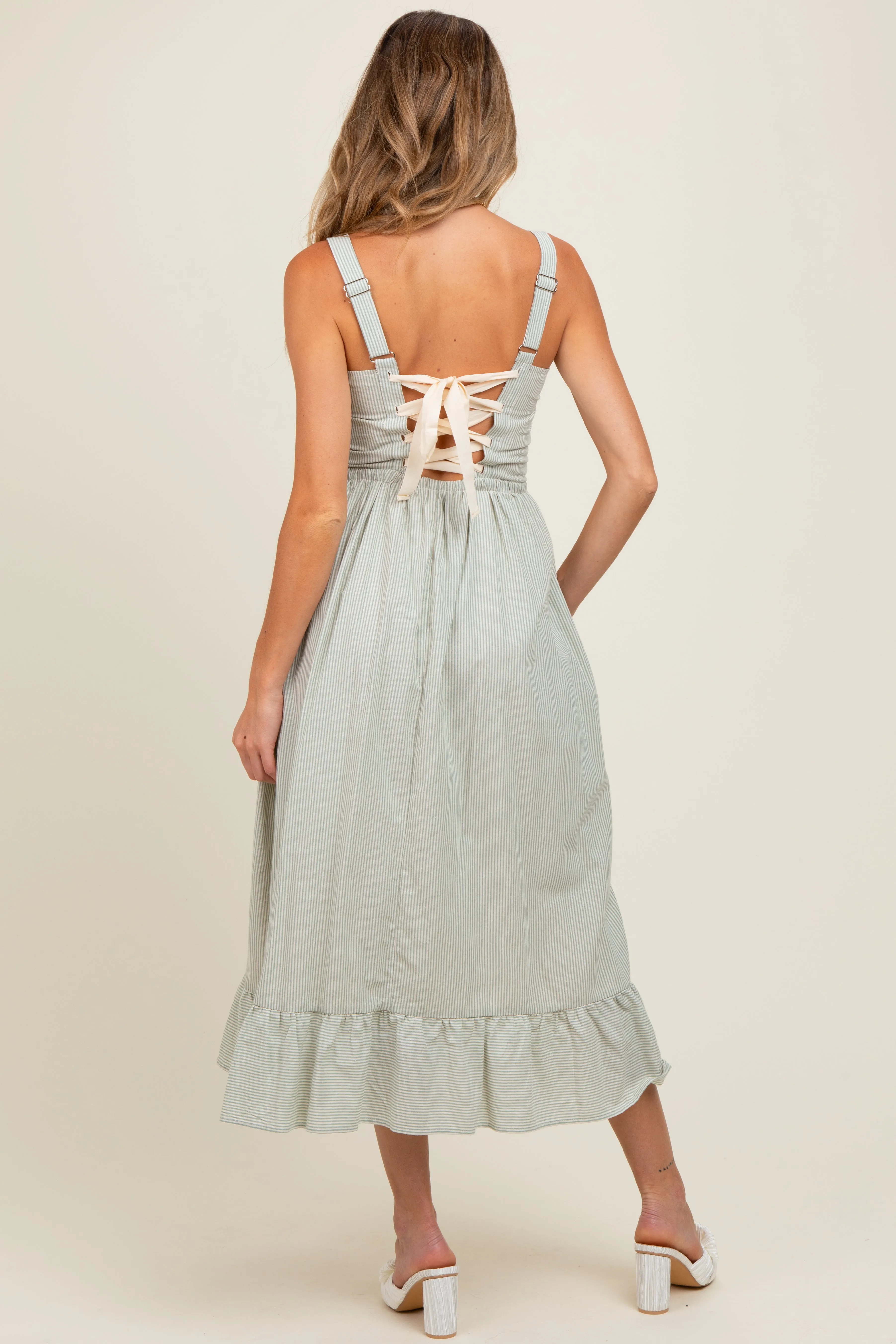 Mint Green Striped Cotton Sleeveless Maternity Dress sold by Pinkblush product image thumbnail 4