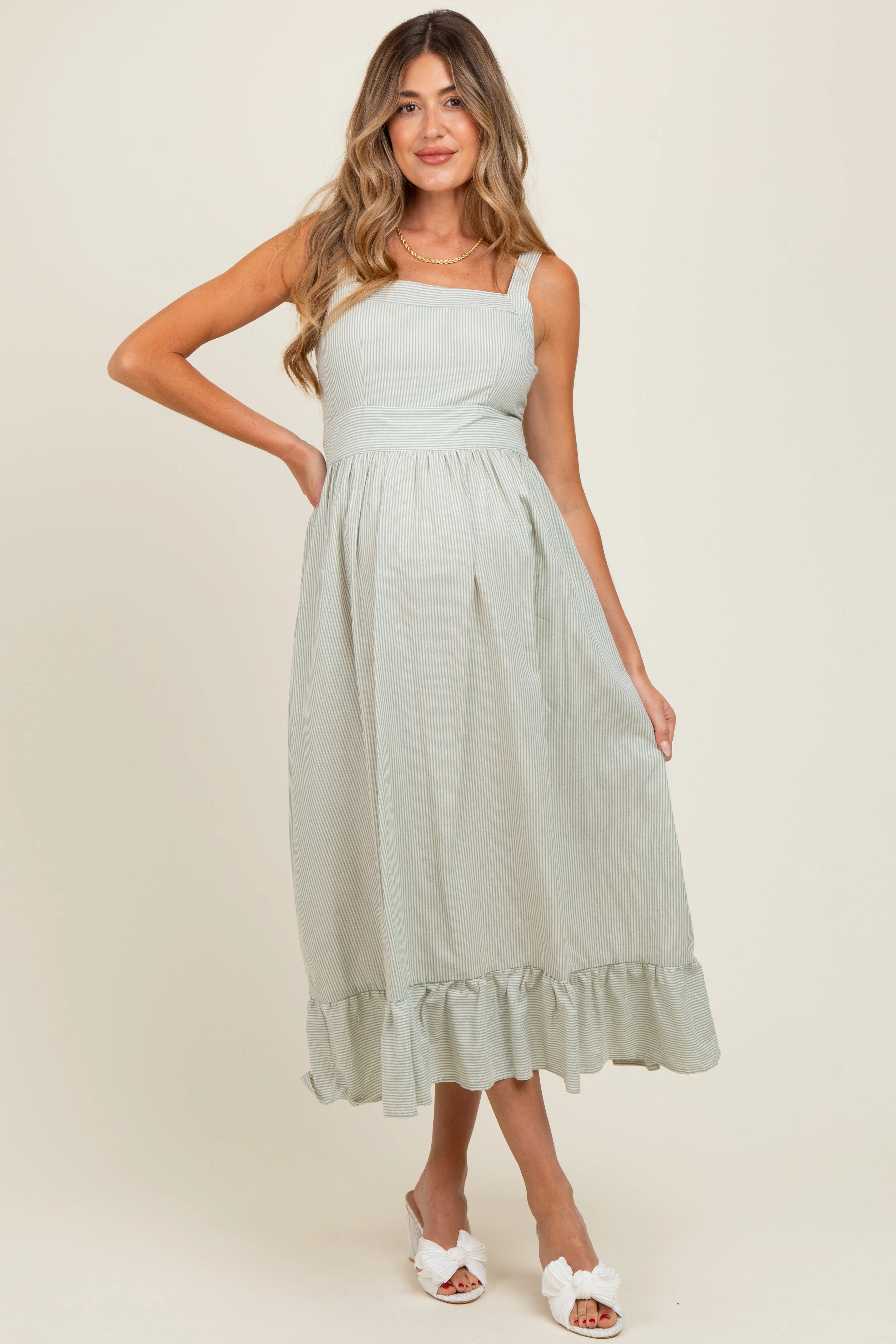Mint Green Striped Cotton Sleeveless Maternity Dress sold by Pinkblush