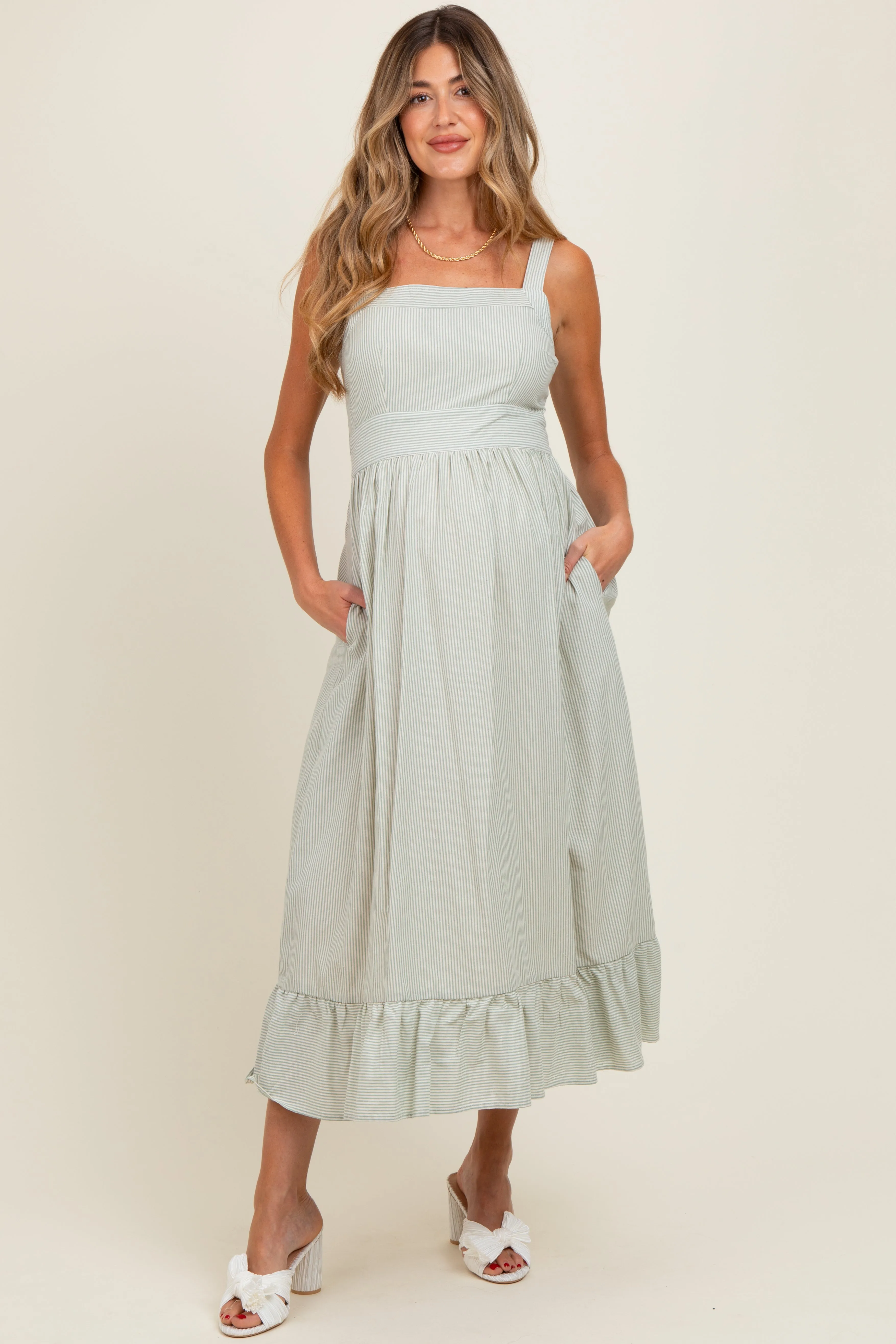 Mint Green Striped Cotton Sleeveless Maternity Dress sold by Pinkblush product image thumbnail 2