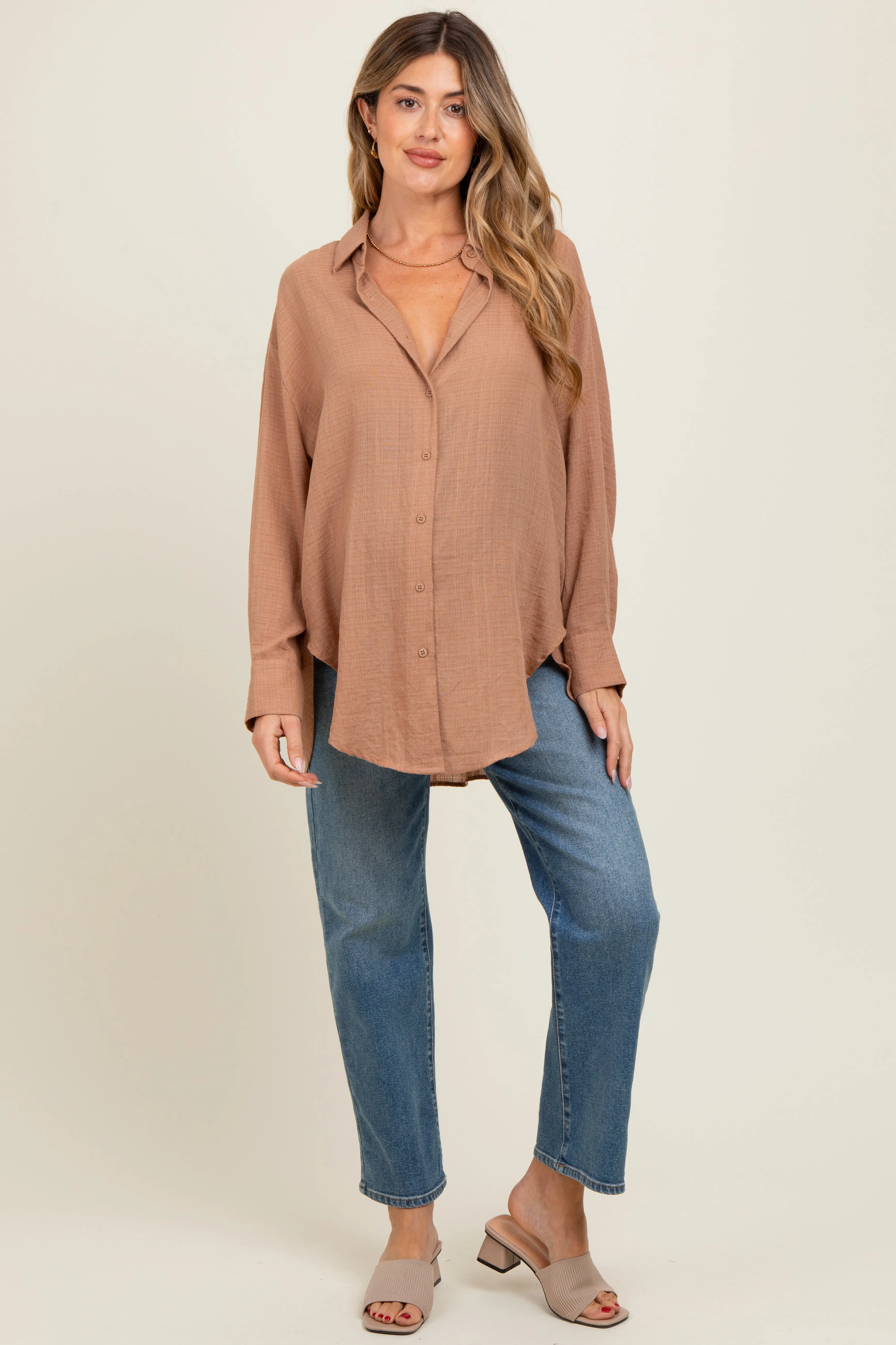 Mocha Oversized Maternity Button Down Shirt sold by Pinkblush