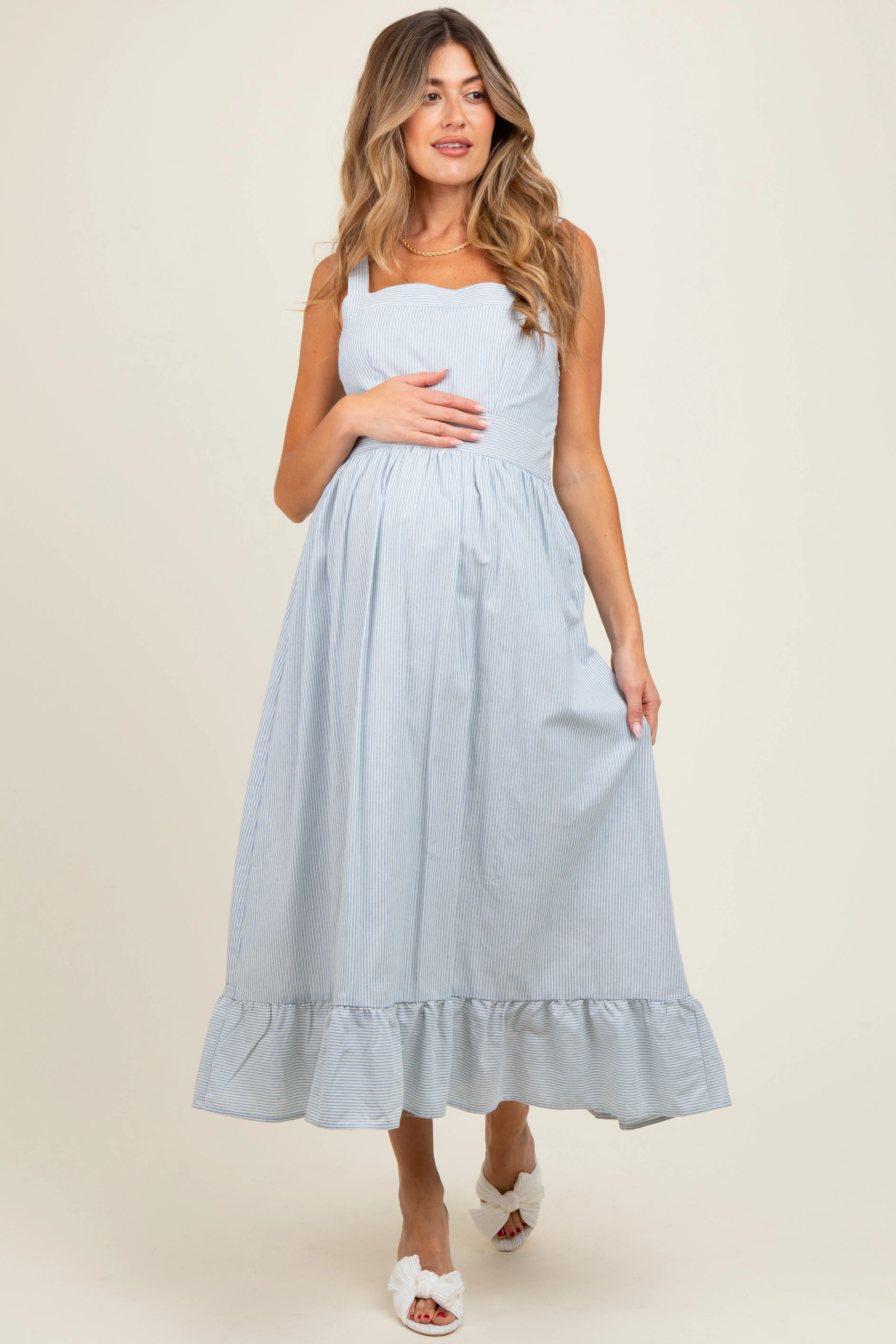 Light Blue Striped Cotton Sleeveless Maternity Dress sold by Pinkblush