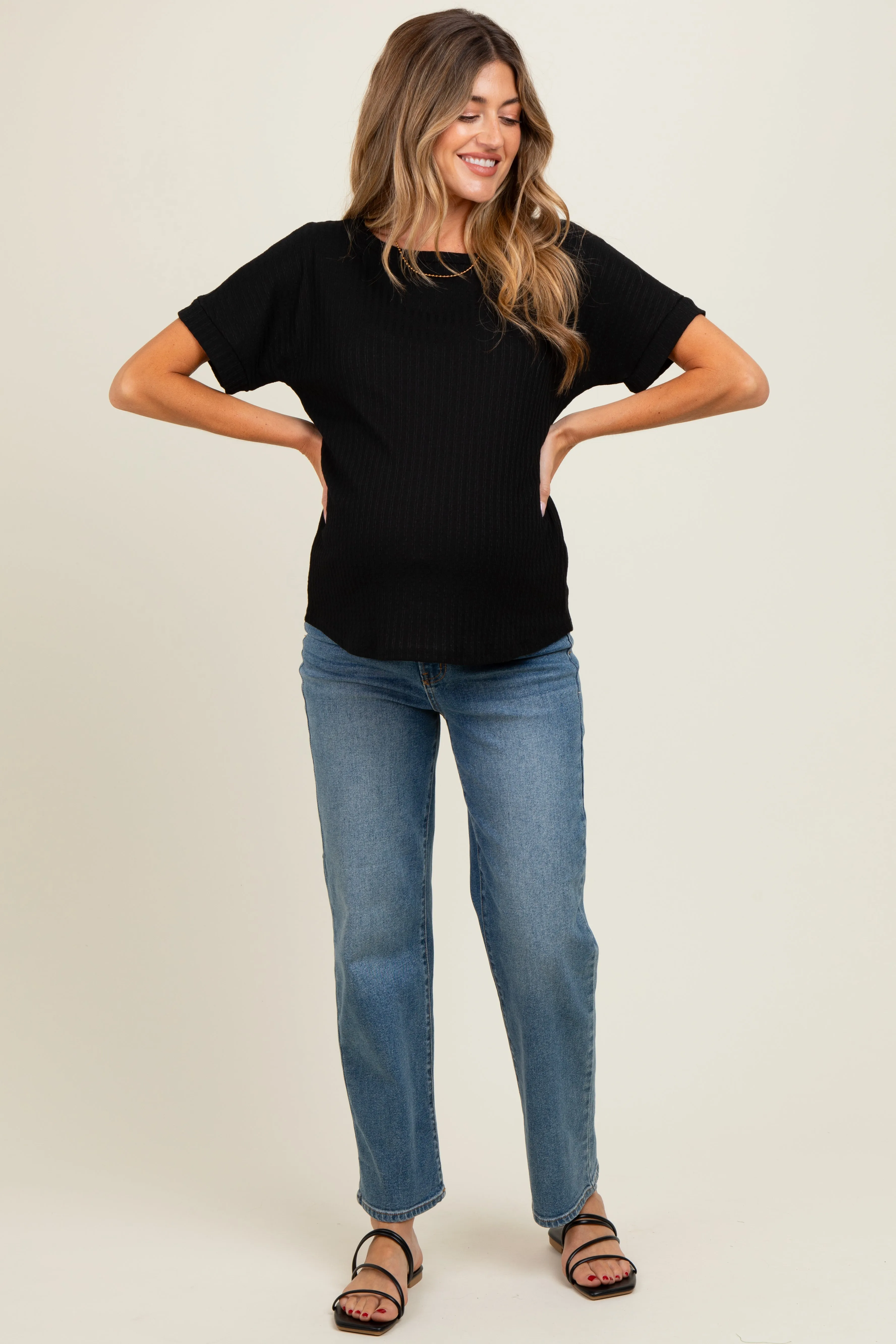 Black Ribbed Knit Maternity Short Sleeve Top sold by Pinkblush product image thumbnail 2