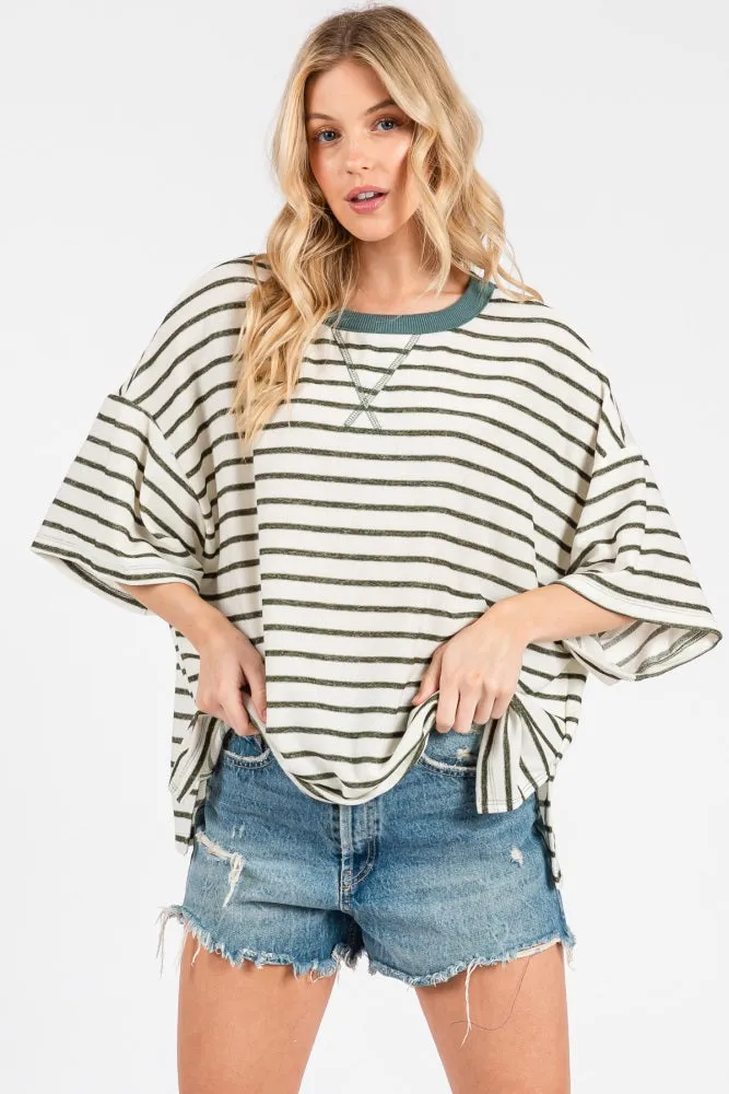 Olive Striped Relaxed Fit Pullover T-Shirts Top sold by Pinkblush