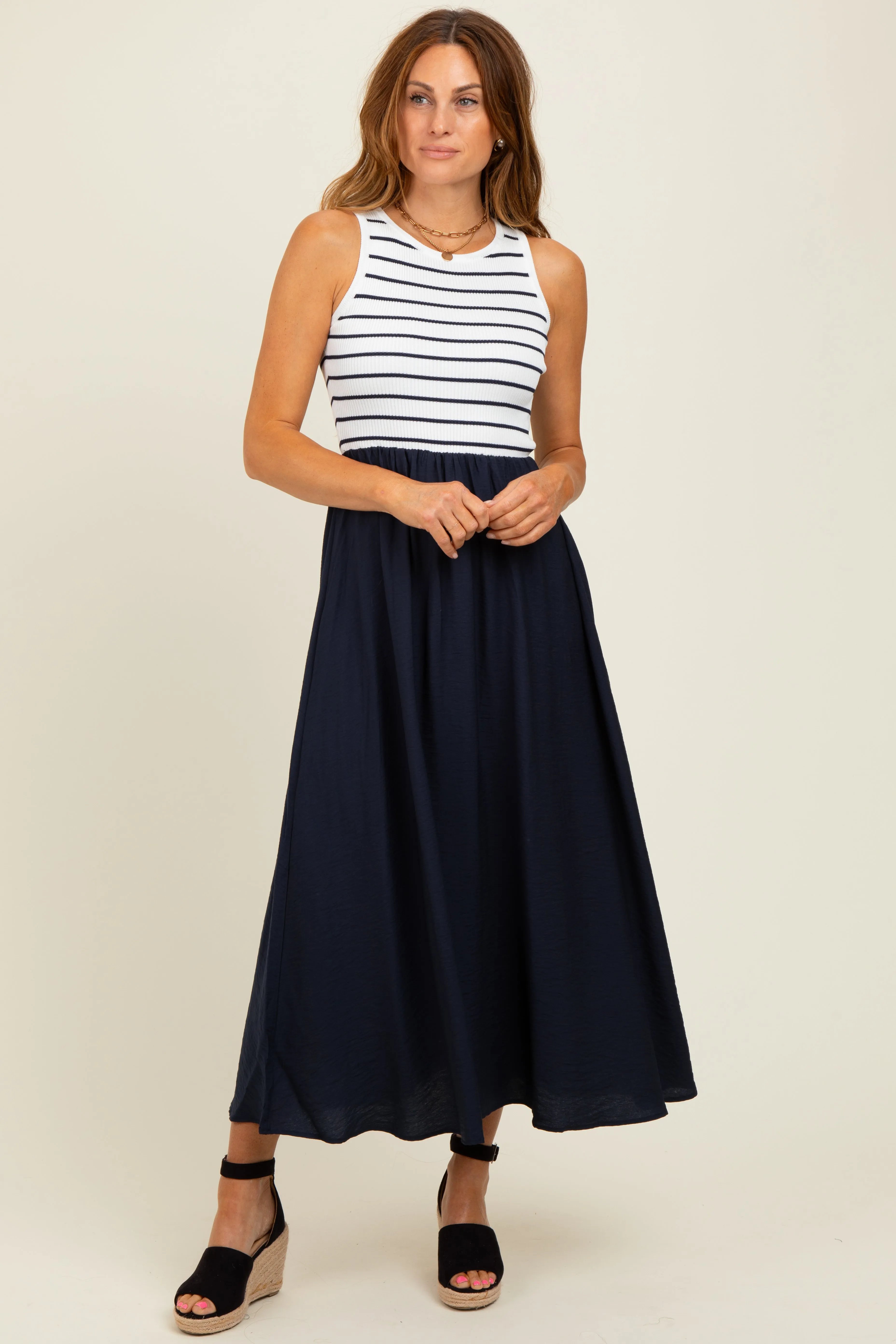 Ivory Contrast Striped Knit Sleeveless Maternity Midi Dress sold by Pinkblush product image thumbnail 5