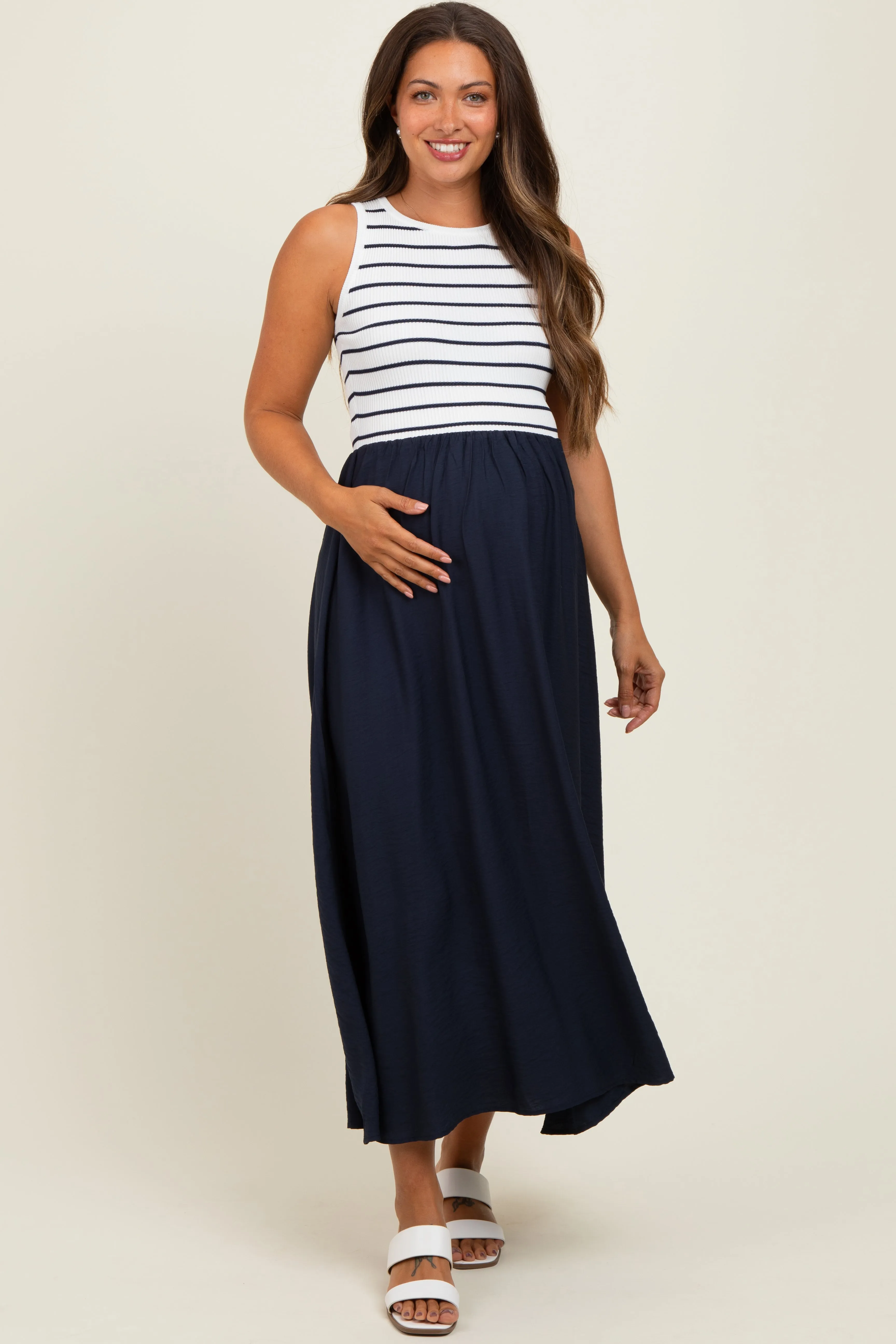 Ivory Contrast Striped Knit Sleeveless Maternity Midi Dress sold by Pinkblush product image thumbnail 2