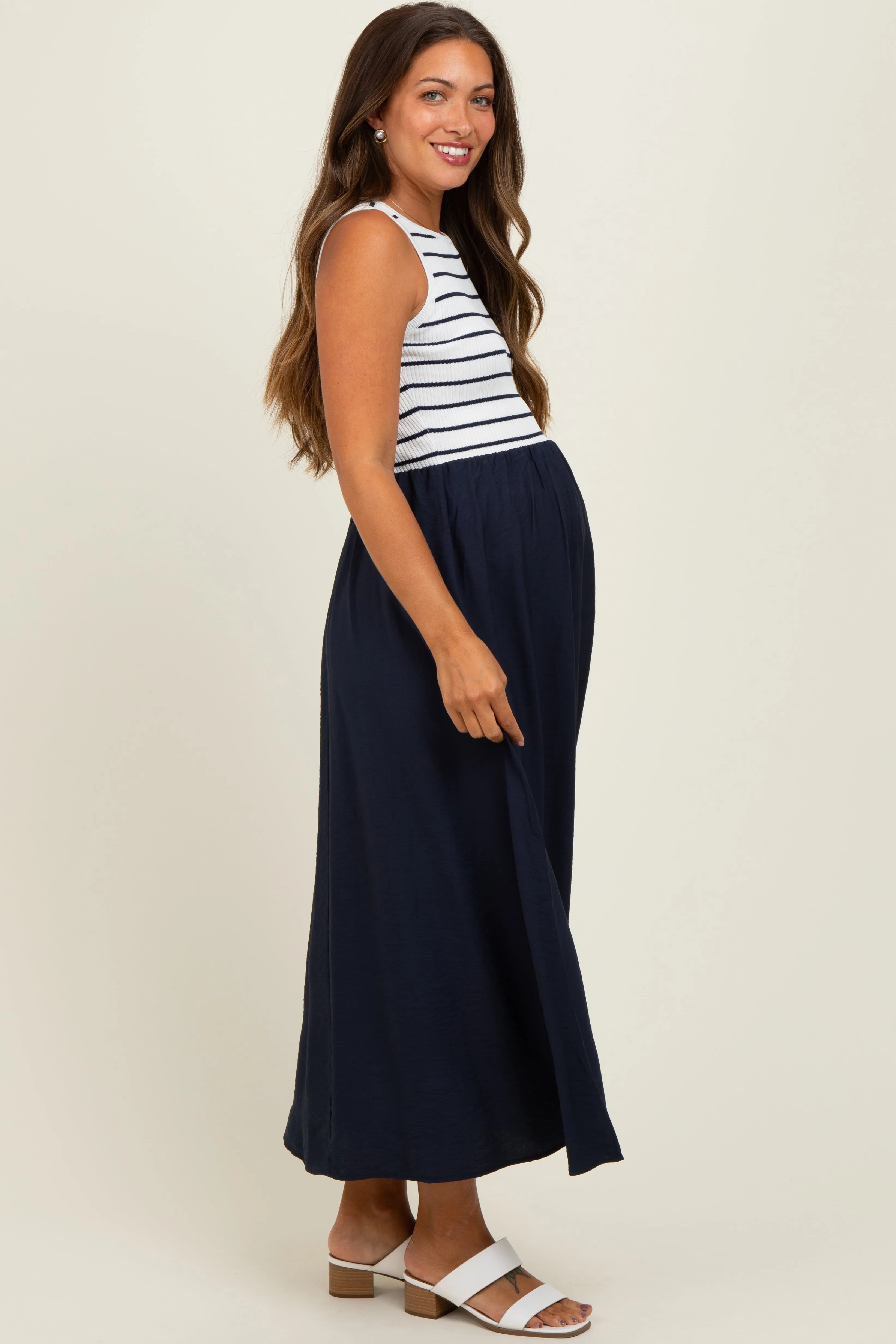 Ivory Contrast Striped Knit Sleeveless Maternity Midi Dress sold by Pinkblush product image thumbnail 3