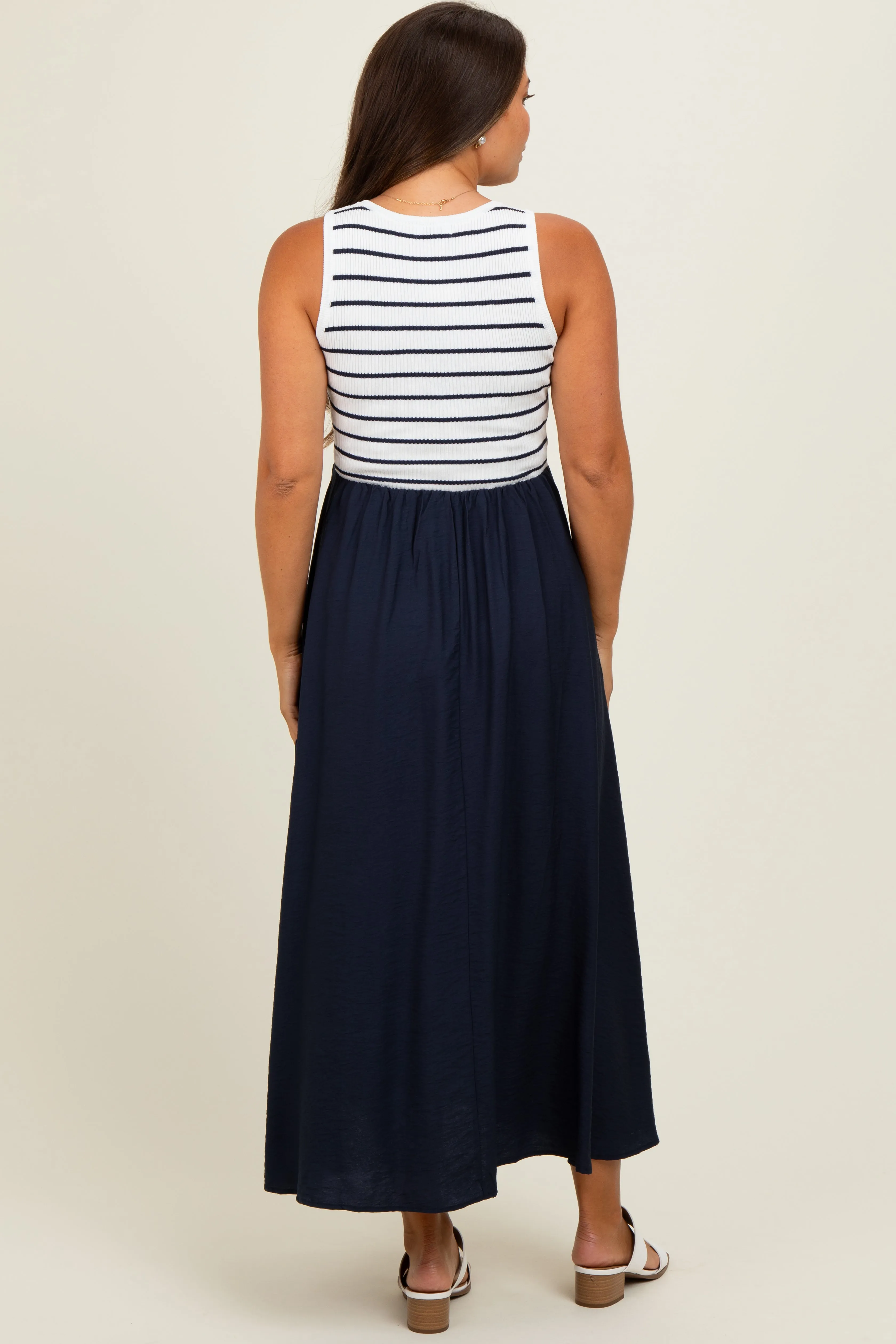 Ivory Contrast Striped Knit Sleeveless Maternity Midi Dress sold by Pinkblush product image thumbnail 4