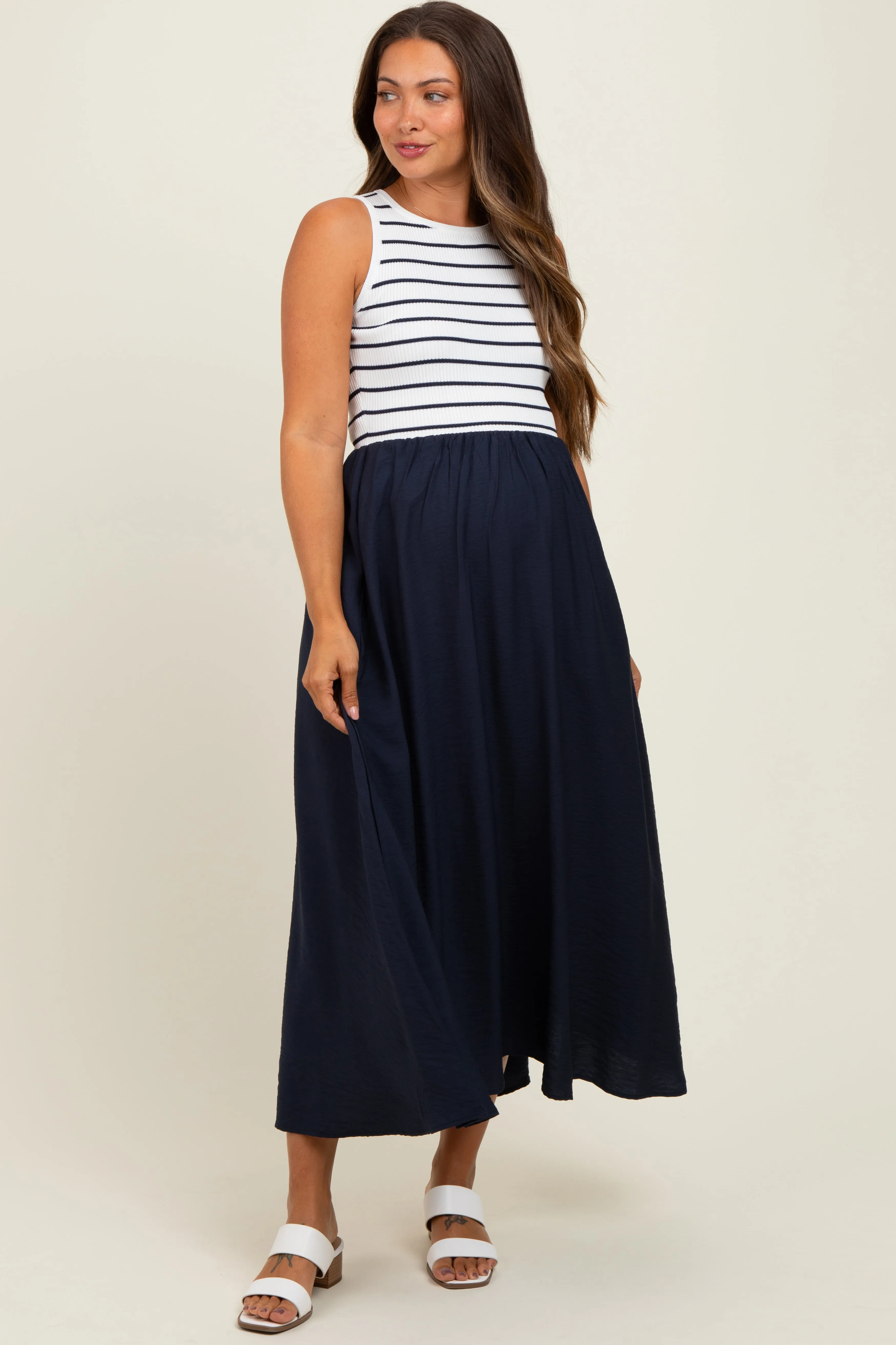 Ivory Contrast Striped Knit Sleeveless Maternity Midi Dress sold by Pinkblush