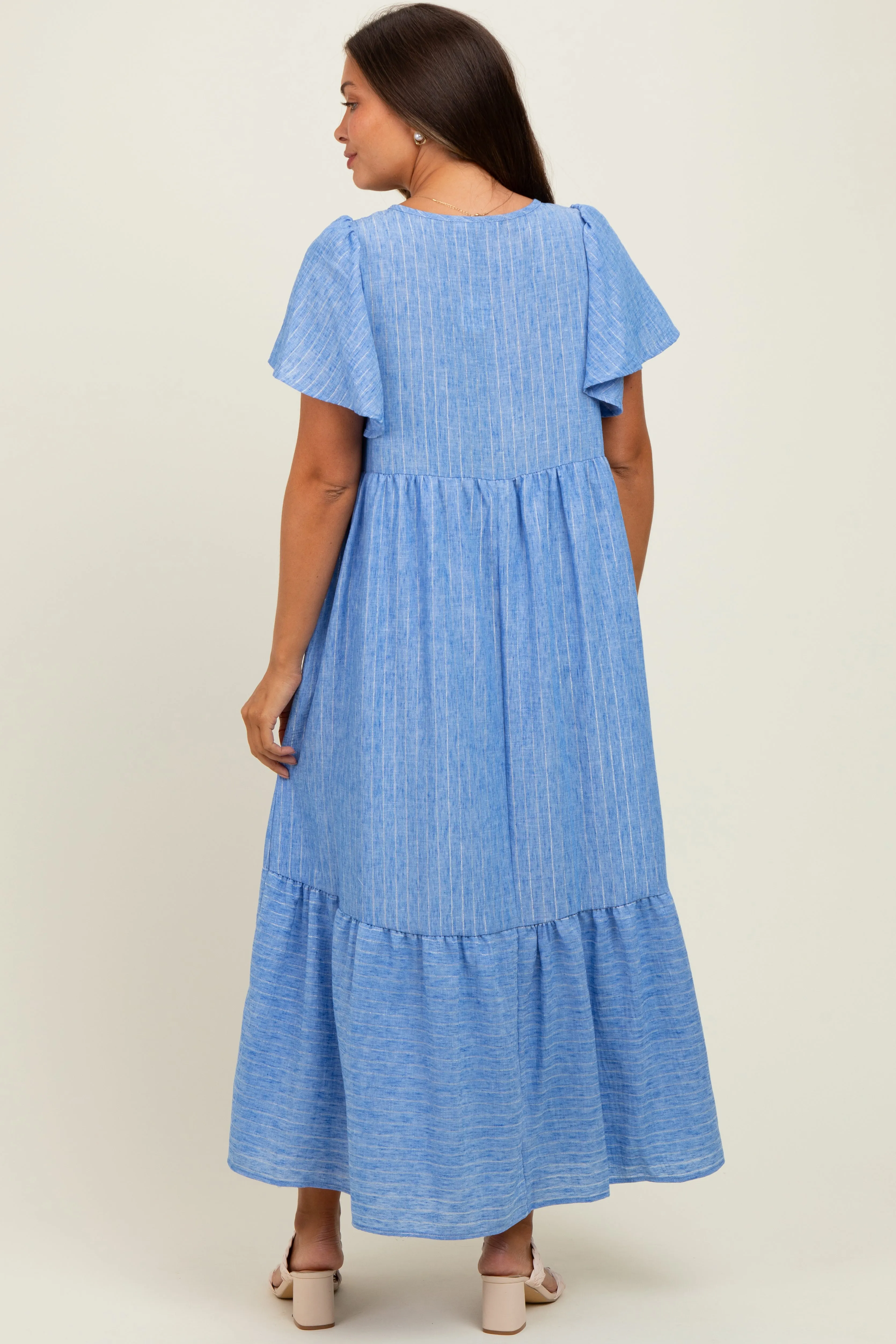 Blue/Silver Striped Short Sleeve V-Neck Tiered Maternity Midi Dress sold by Pinkblush product image thumbnail 2