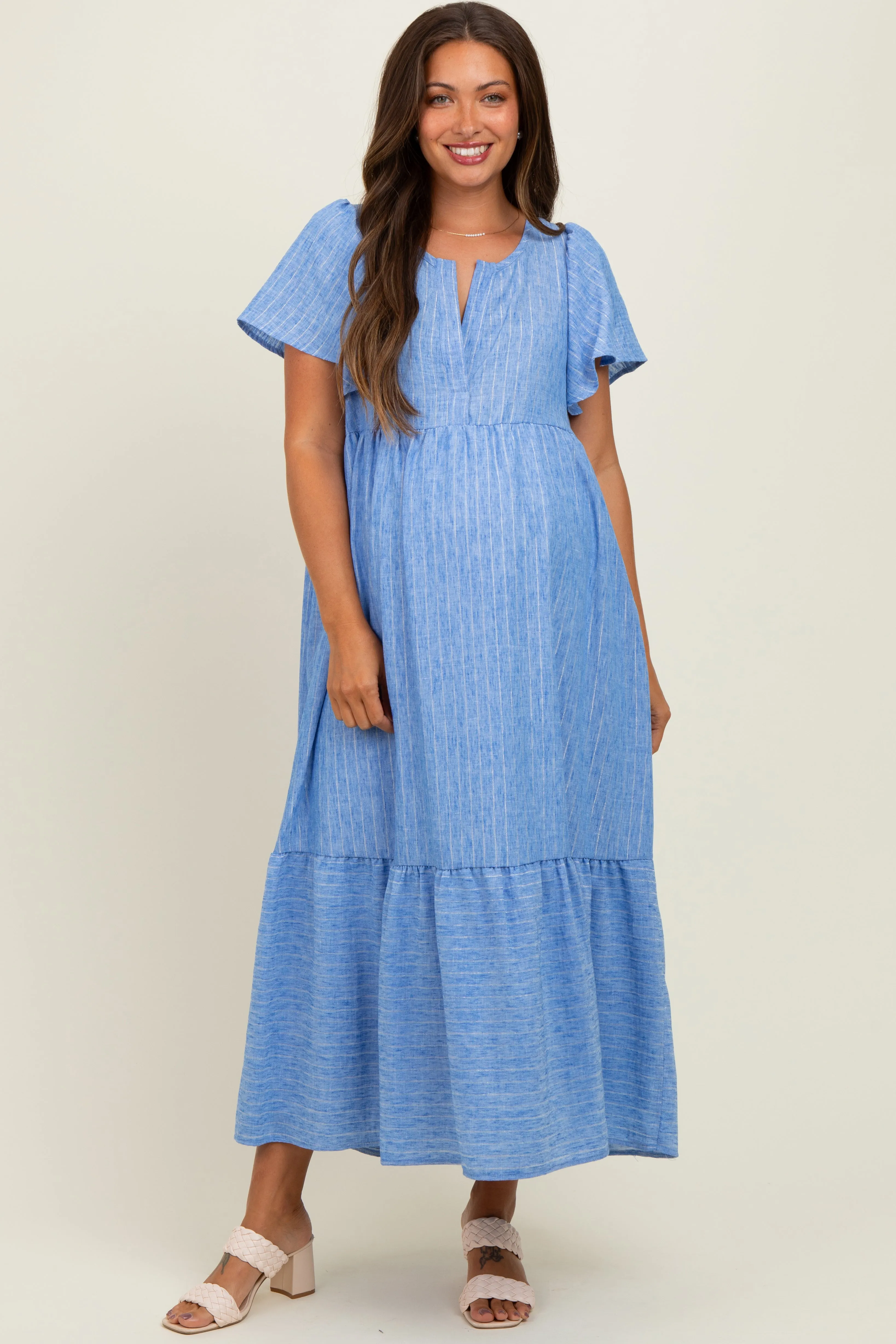 Blue/Silver Striped Short Sleeve V-Neck Tiered Maternity Midi Dress sold by Pinkblush