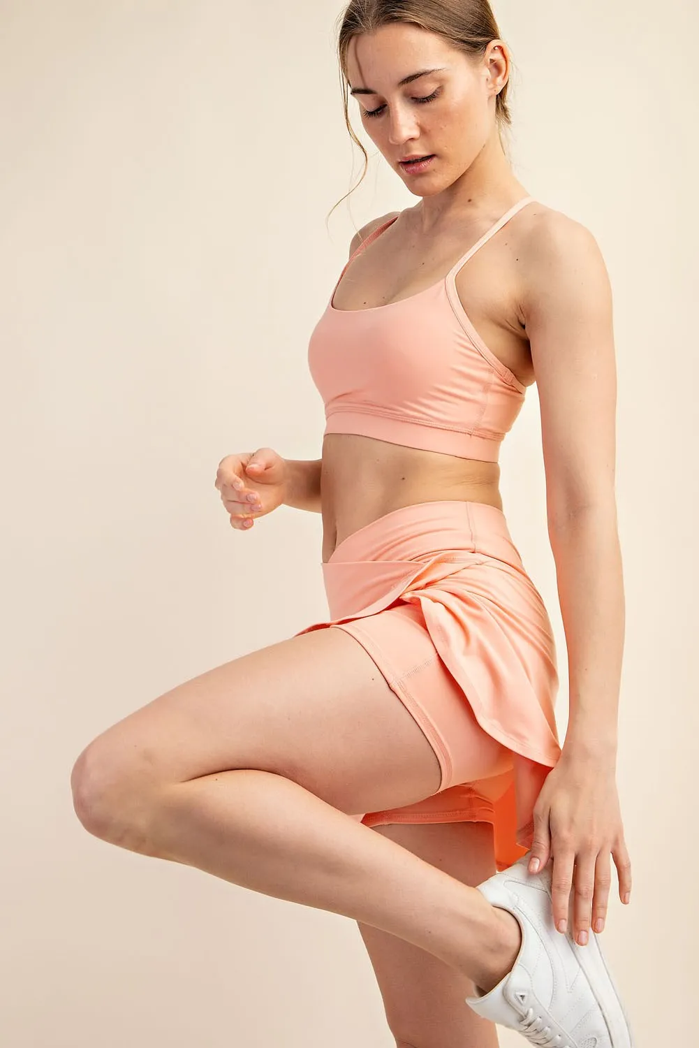 Peach Crossover V-Waist Skort sold by Pinkblush