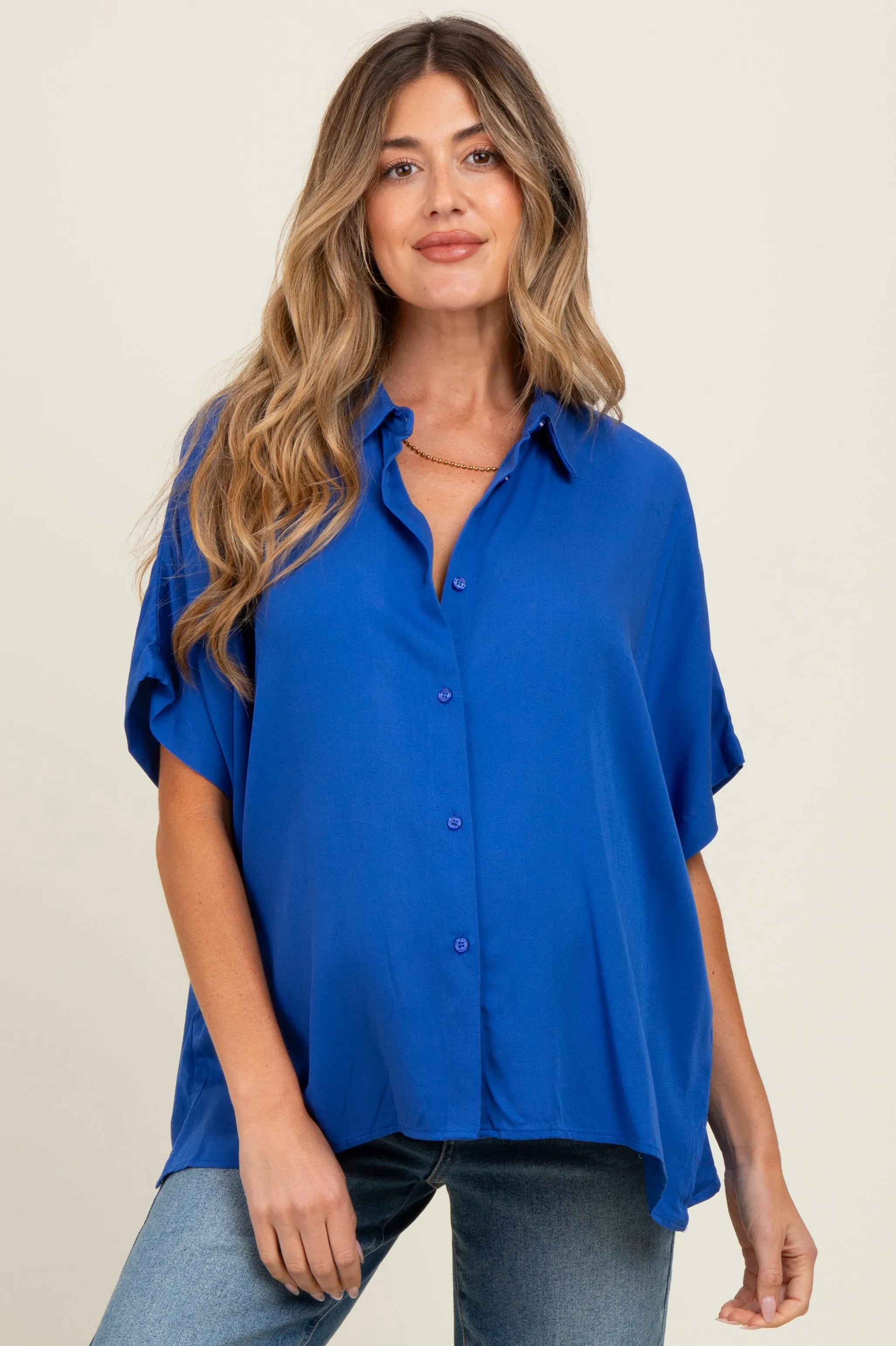 Royal Blue Dolman Sleeve Button Down Maternity Blouse sold by Pinkblush