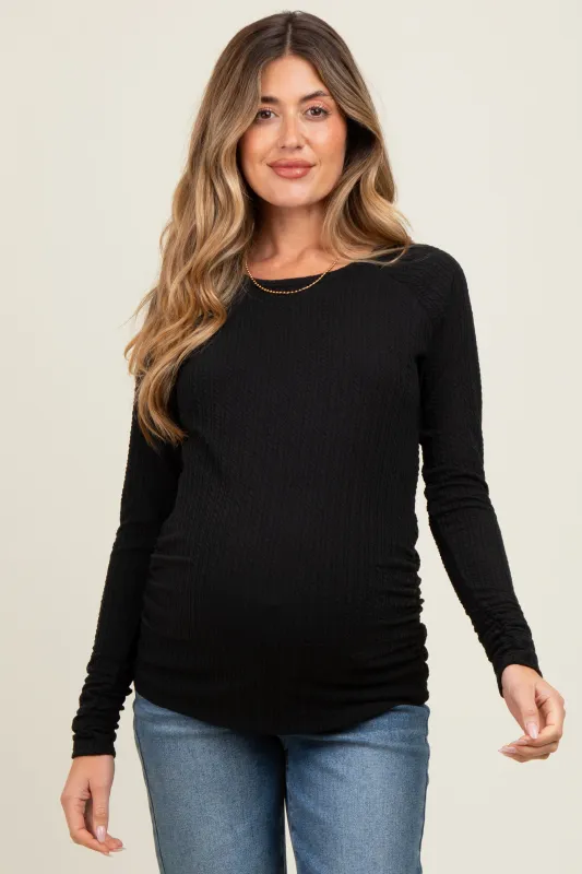 Black Solid Ribbed Ruched Long Sleeve Maternity Top sold by Pinkblush