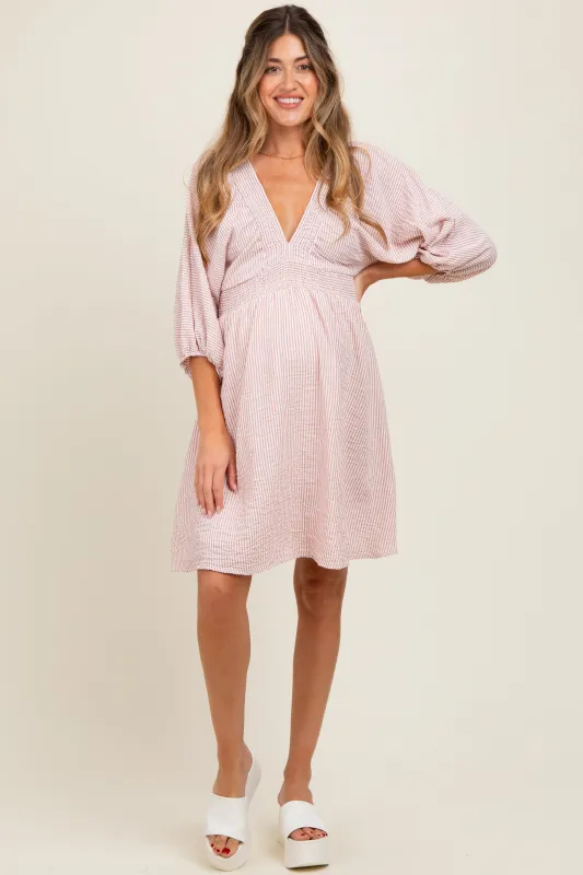 Mauve Striped Balloon Sleeve V-Neck Maternity Dress sold by Pinkblush