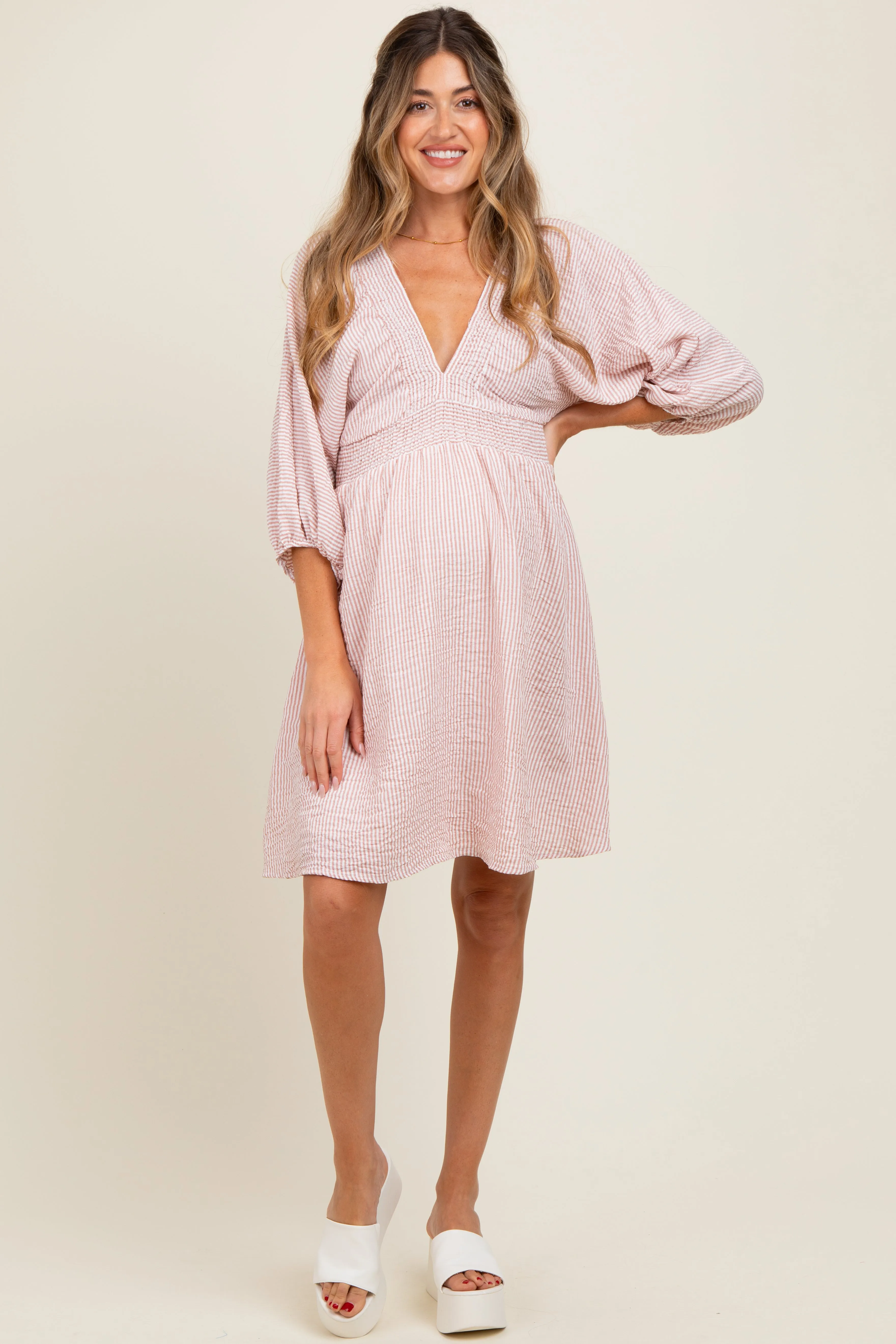 Mauve Striped Balloon Sleeve V-Neck Maternity Dress sold by Pinkblush