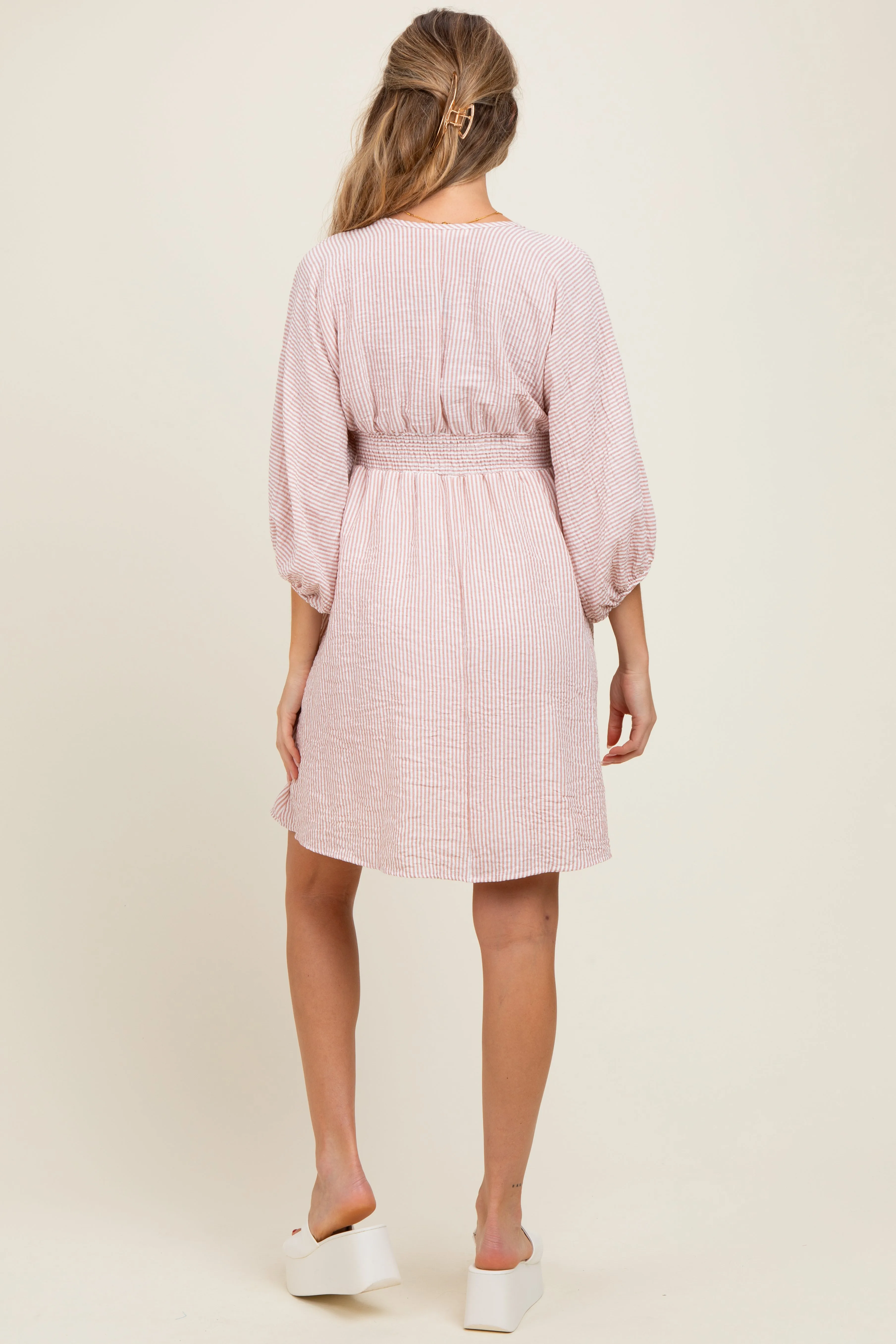 Mauve Striped Balloon Sleeve V-Neck Maternity Dress sold by Pinkblush product image thumbnail 3