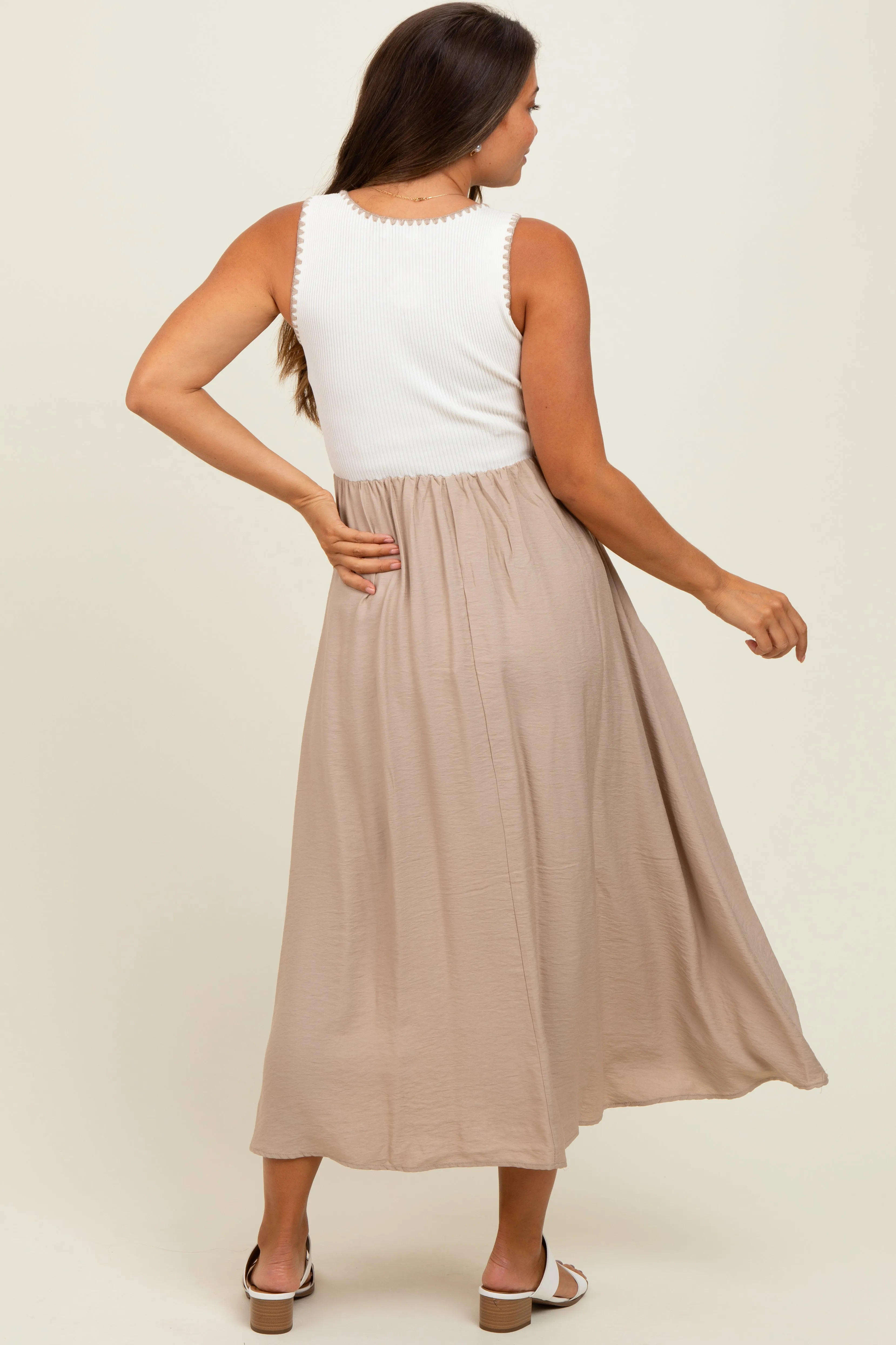 Beige Contrast Knit Top Sleeveless Maternity Midi Dress sold by Pinkblush product image thumbnail 4