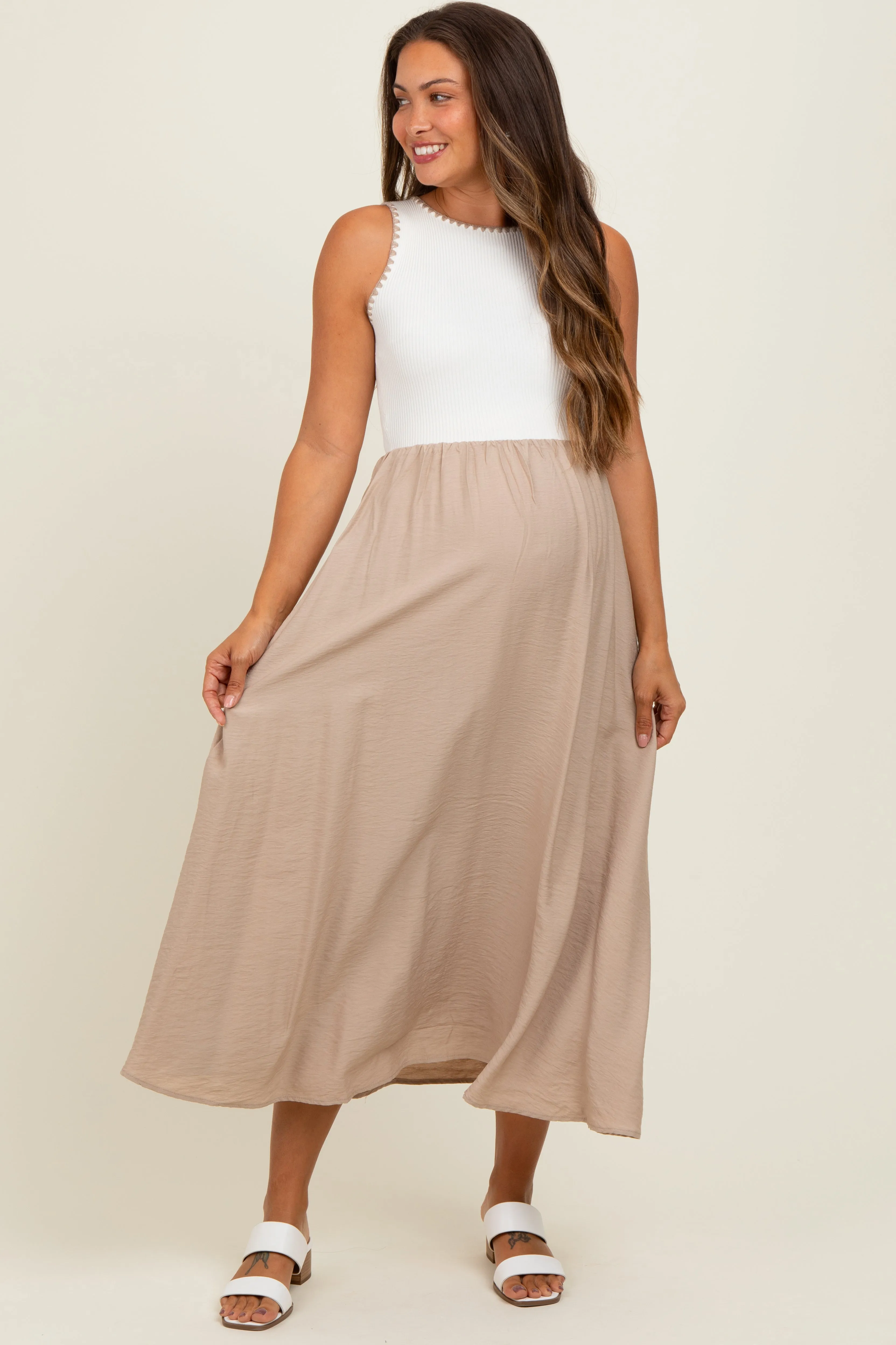 Beige Contrast Knit Top Sleeveless Maternity Midi Dress sold by Pinkblush