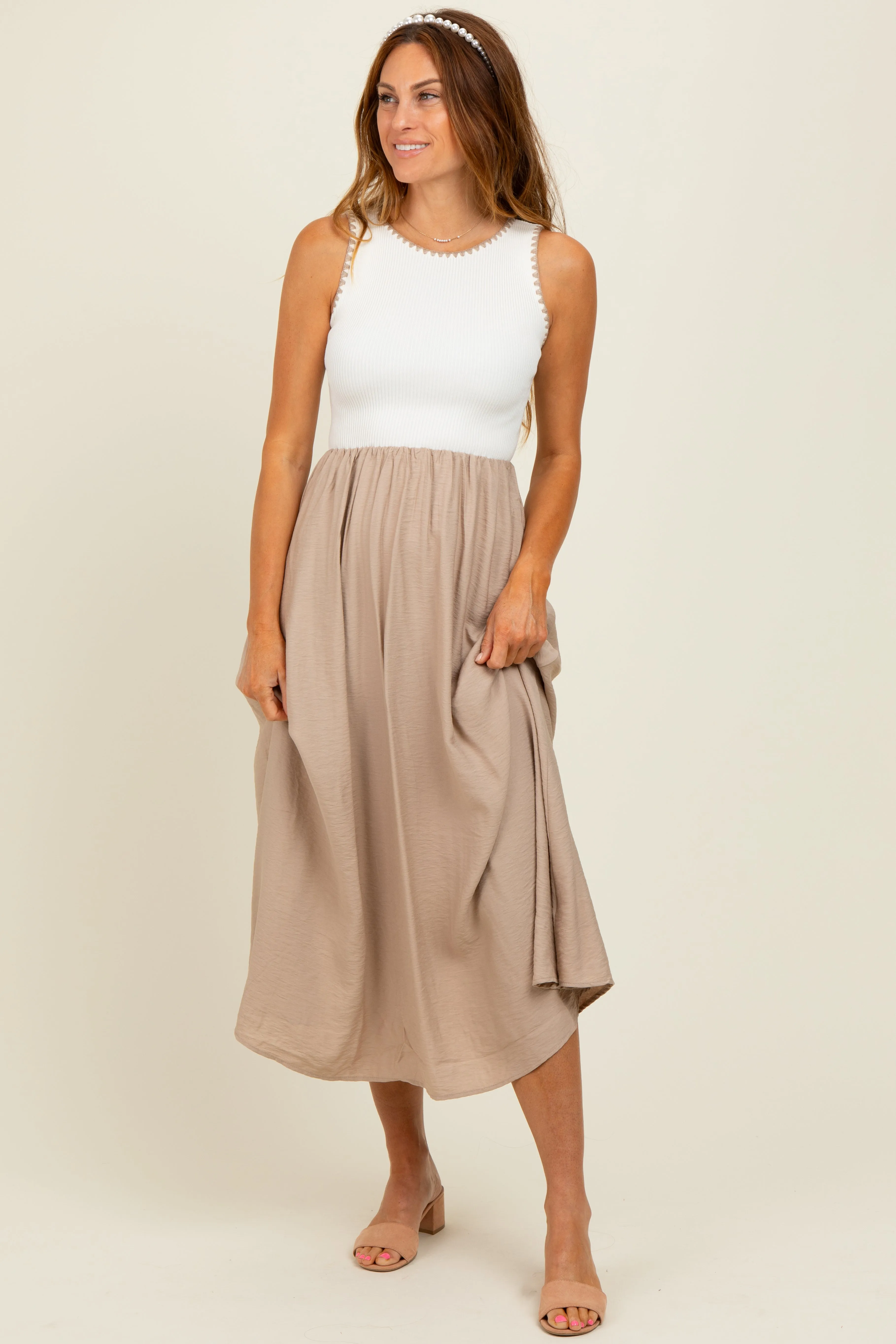 Beige Contrast Knit Top Sleeveless Maternity Midi Dress sold by Pinkblush product image thumbnail 5
