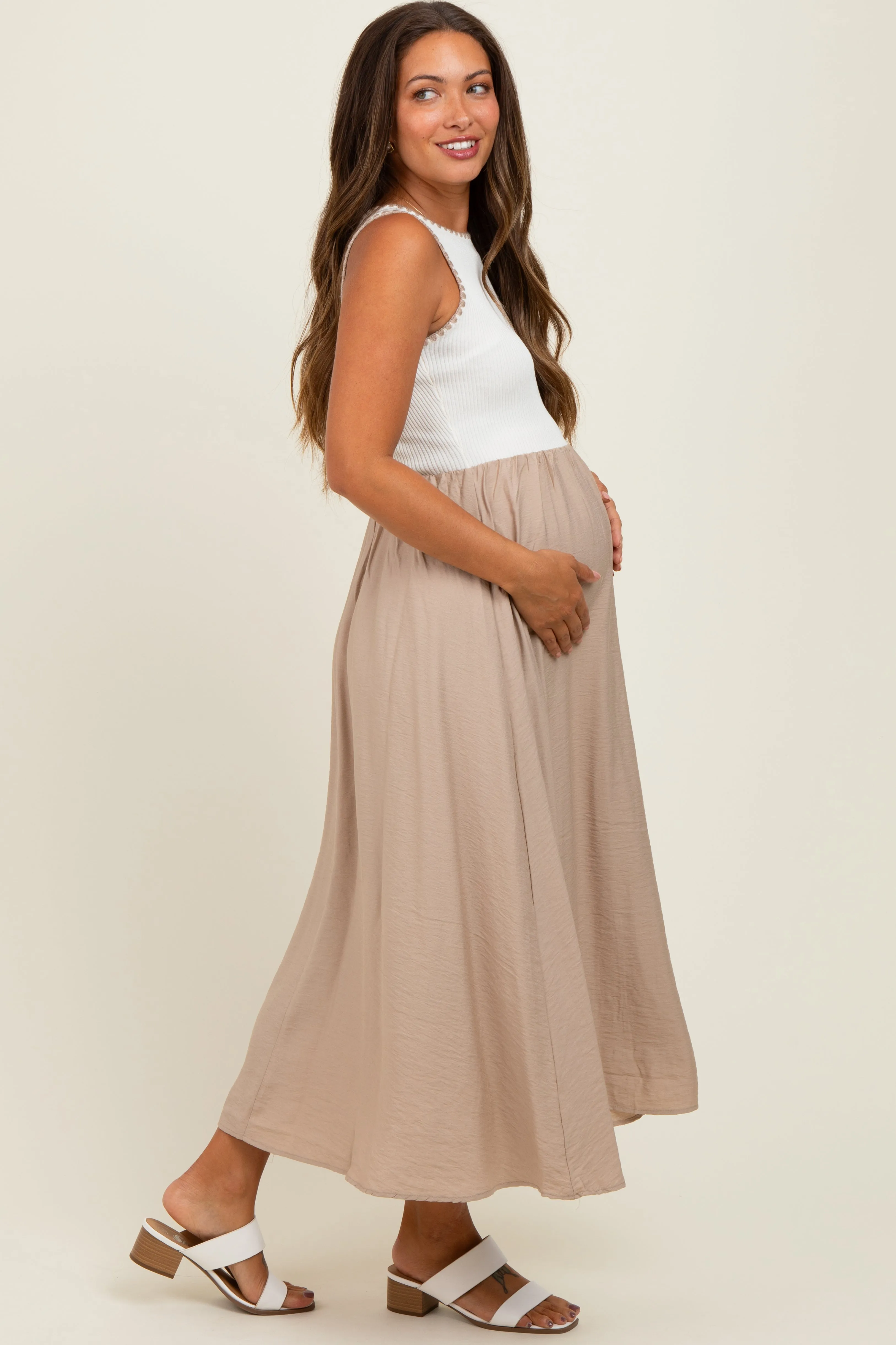 Beige Contrast Knit Top Sleeveless Maternity Midi Dress sold by Pinkblush product image thumbnail 3
