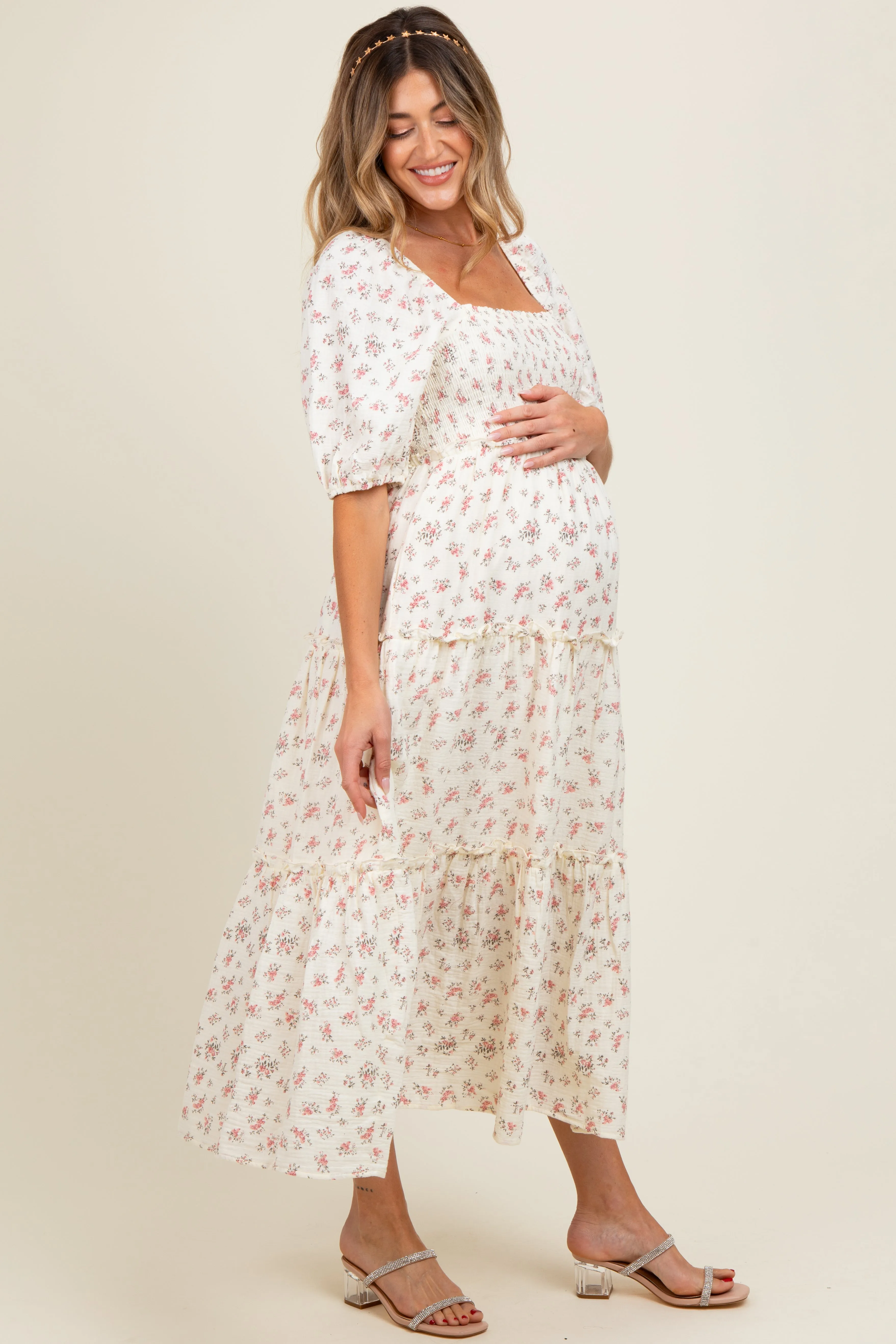 Pink Floral Smocked Ruffle Tiered Maternity Maxi Dress sold by Pinkblush product image thumbnail 3