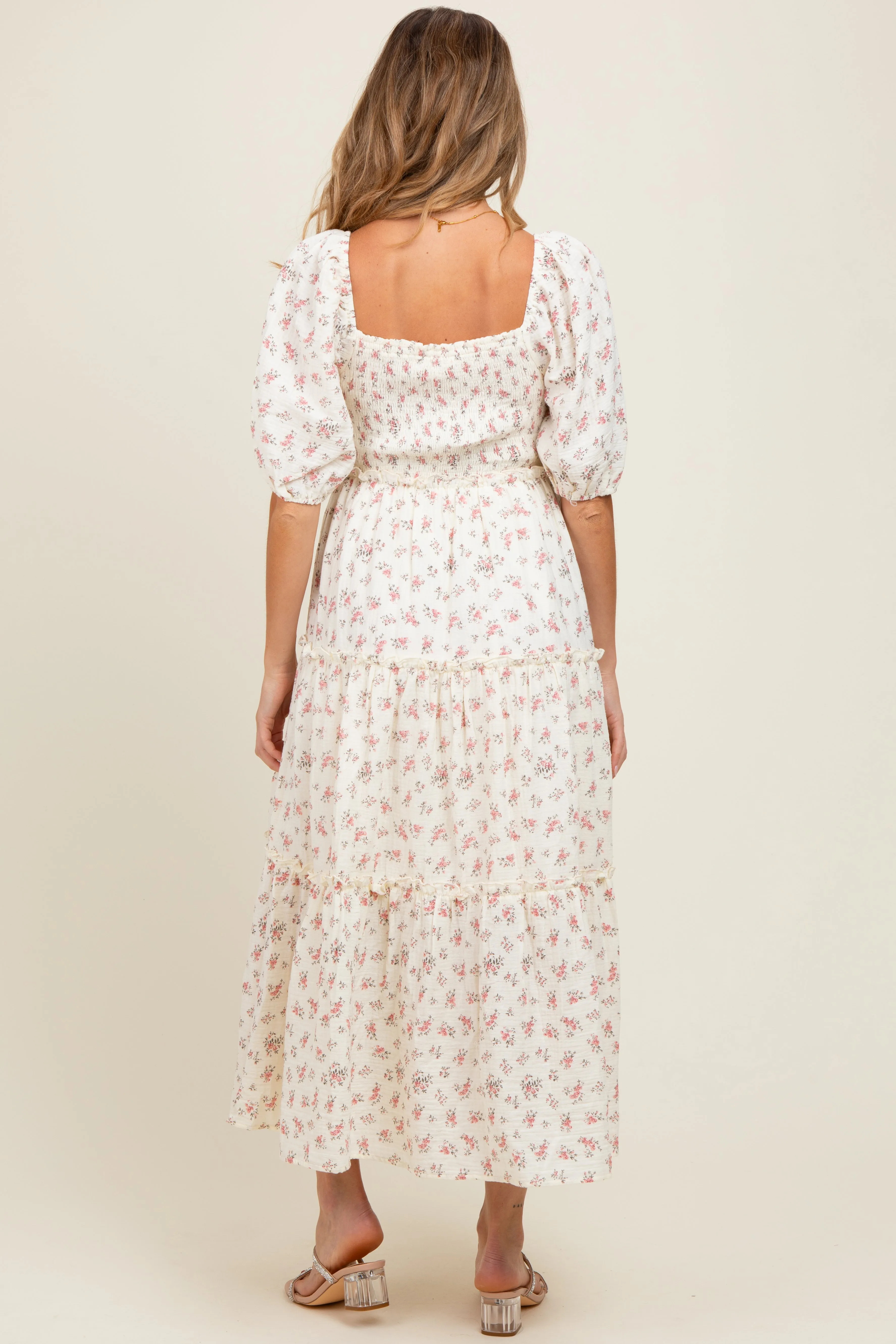 Pink Floral Smocked Ruffle Tiered Maternity Maxi Dress sold by Pinkblush product image thumbnail 4