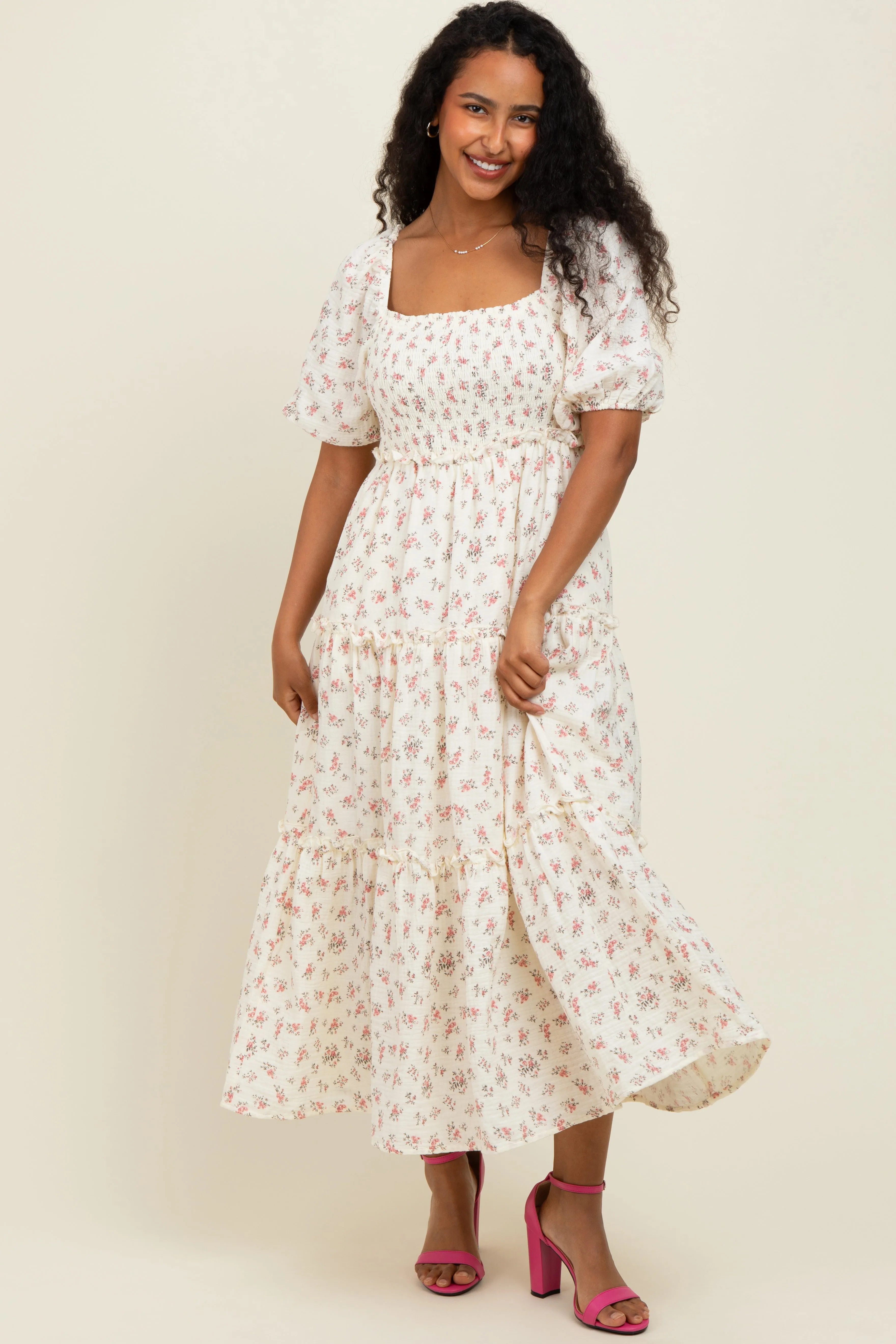 Pink Floral Smocked Ruffle Tiered Maternity Maxi Dress sold by Pinkblush product image thumbnail 5