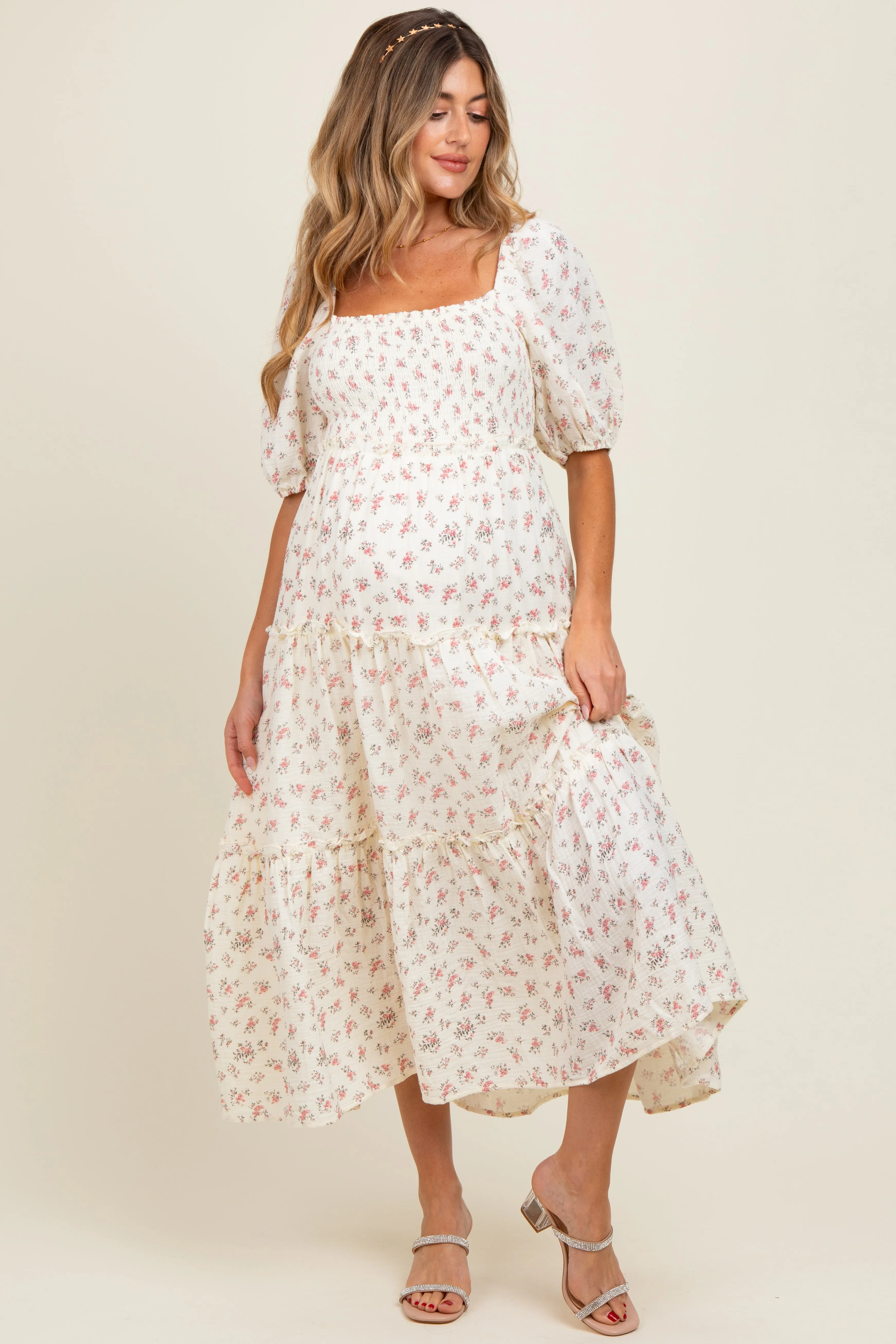 Pink Floral Smocked Ruffle Tiered Maternity Maxi Dress sold by Pinkblush product image thumbnail 2