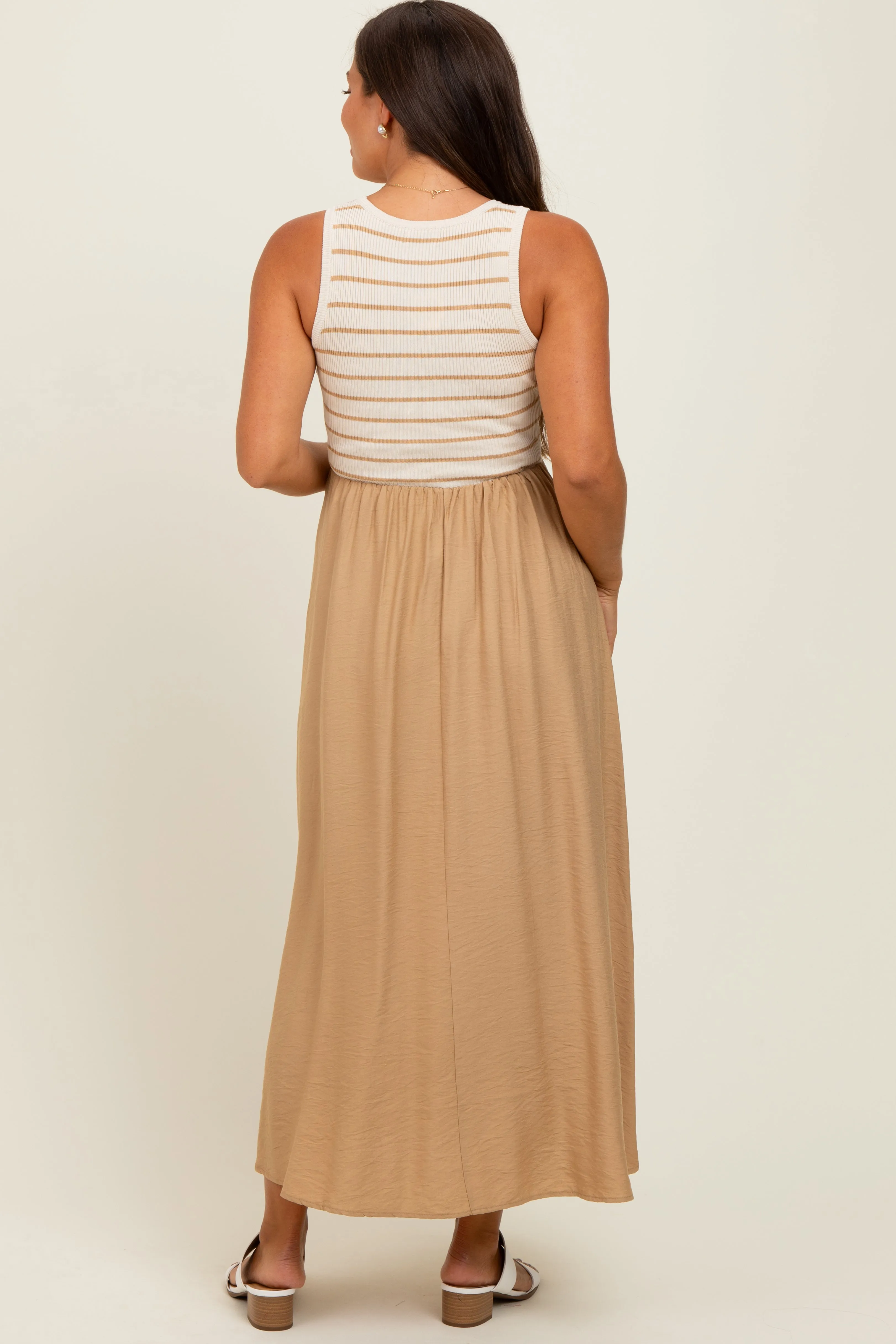 Camel Contrast Striped Knit Sleeveless Maternity Midi Dress sold by Pinkblush product image thumbnail 3