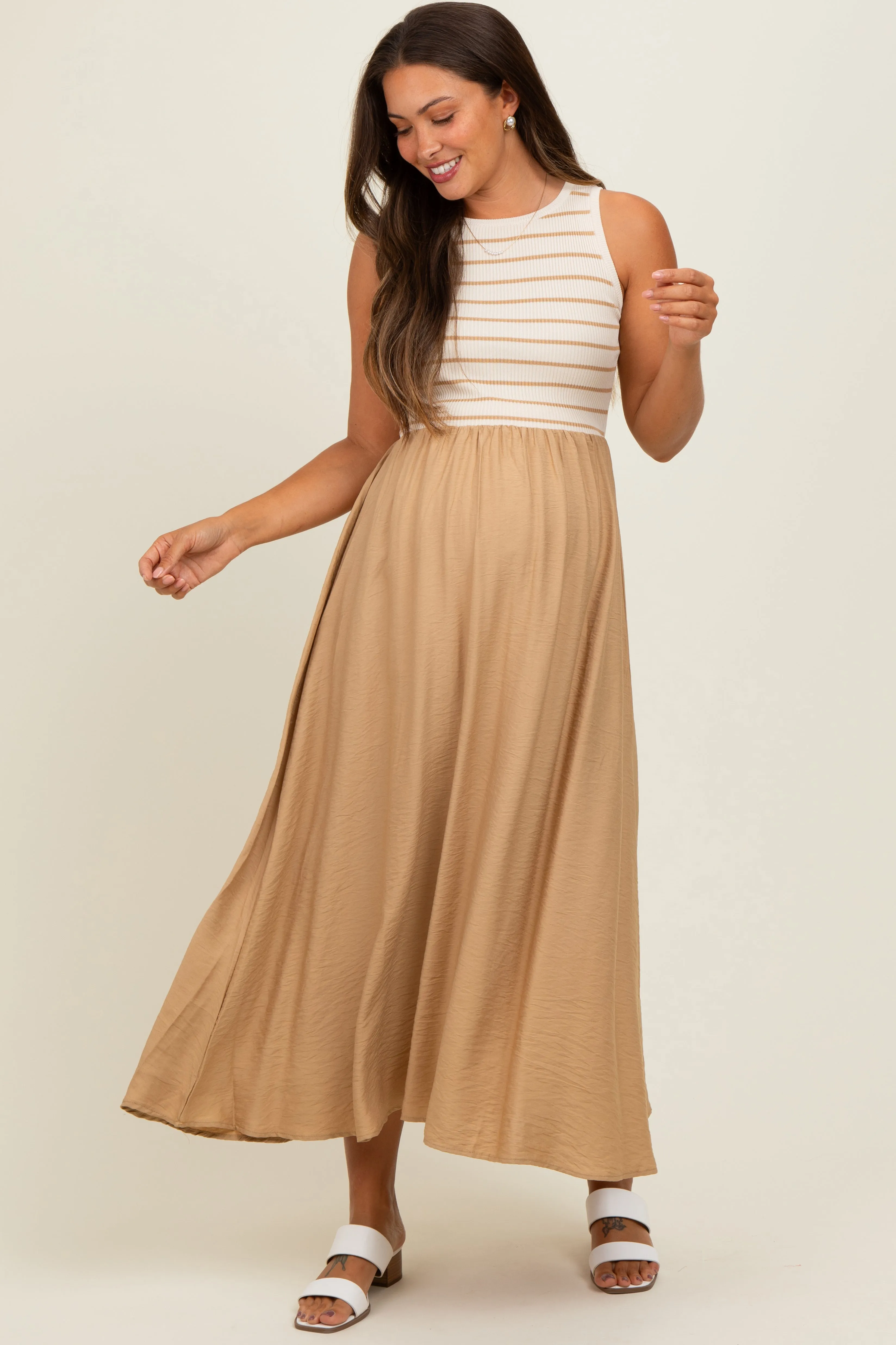 Camel Contrast Striped Knit Sleeveless Maternity Midi Dress sold by Pinkblush