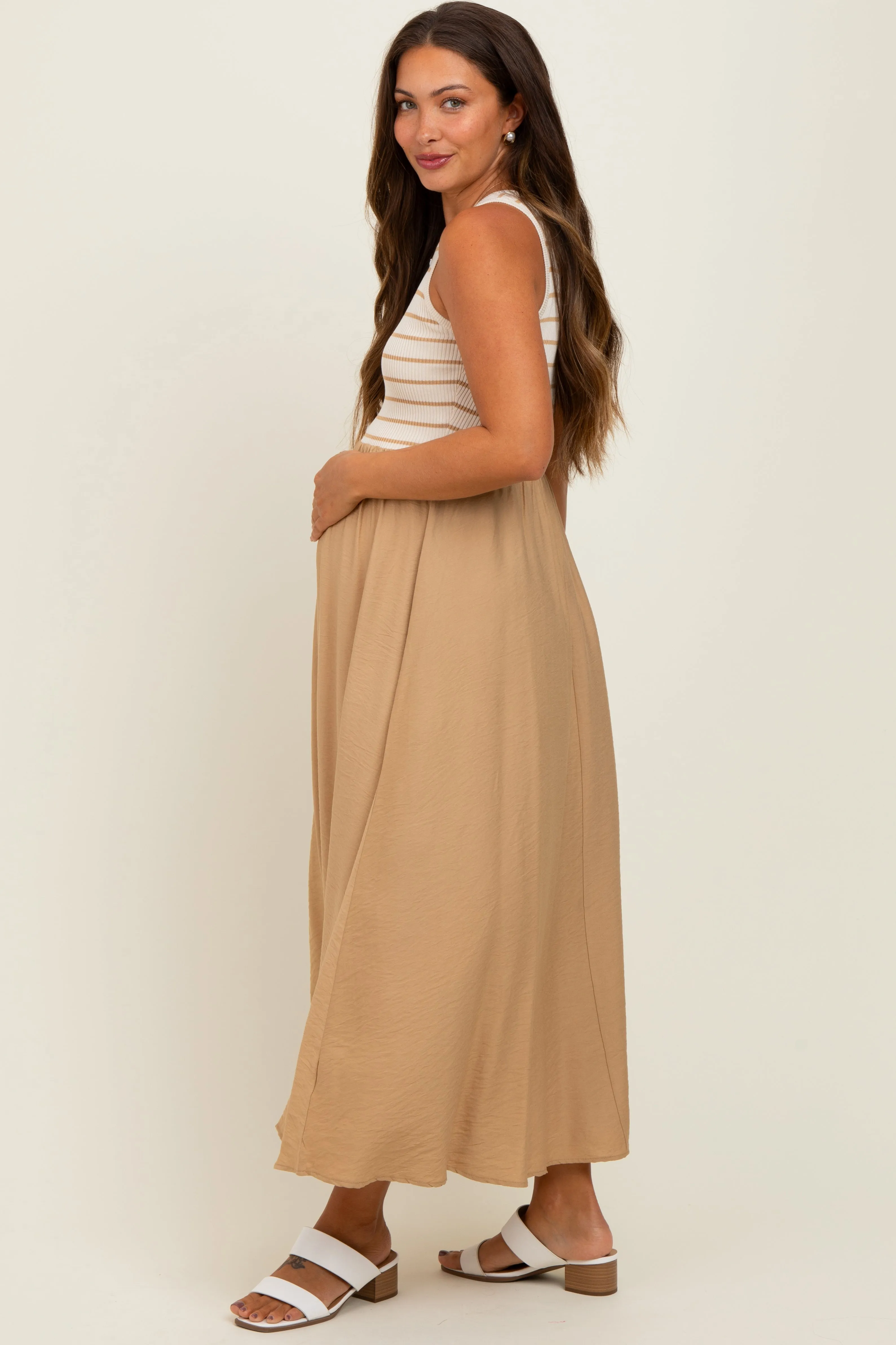 Camel Contrast Striped Knit Sleeveless Maternity Midi Dress sold by Pinkblush product image thumbnail 2