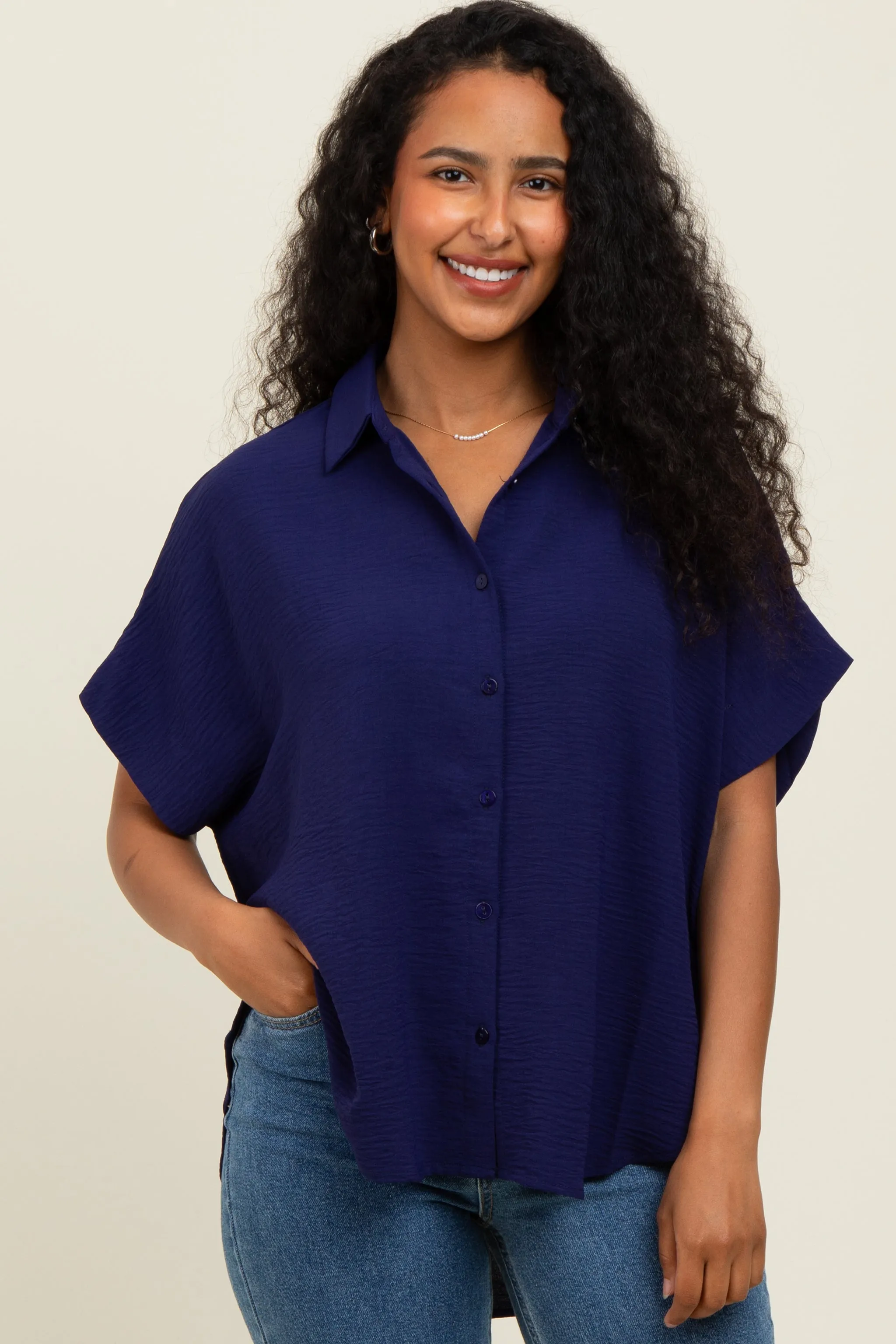 Navy Solid Collared Button-Up Maternity Top sold by Pinkblush product image thumbnail 4