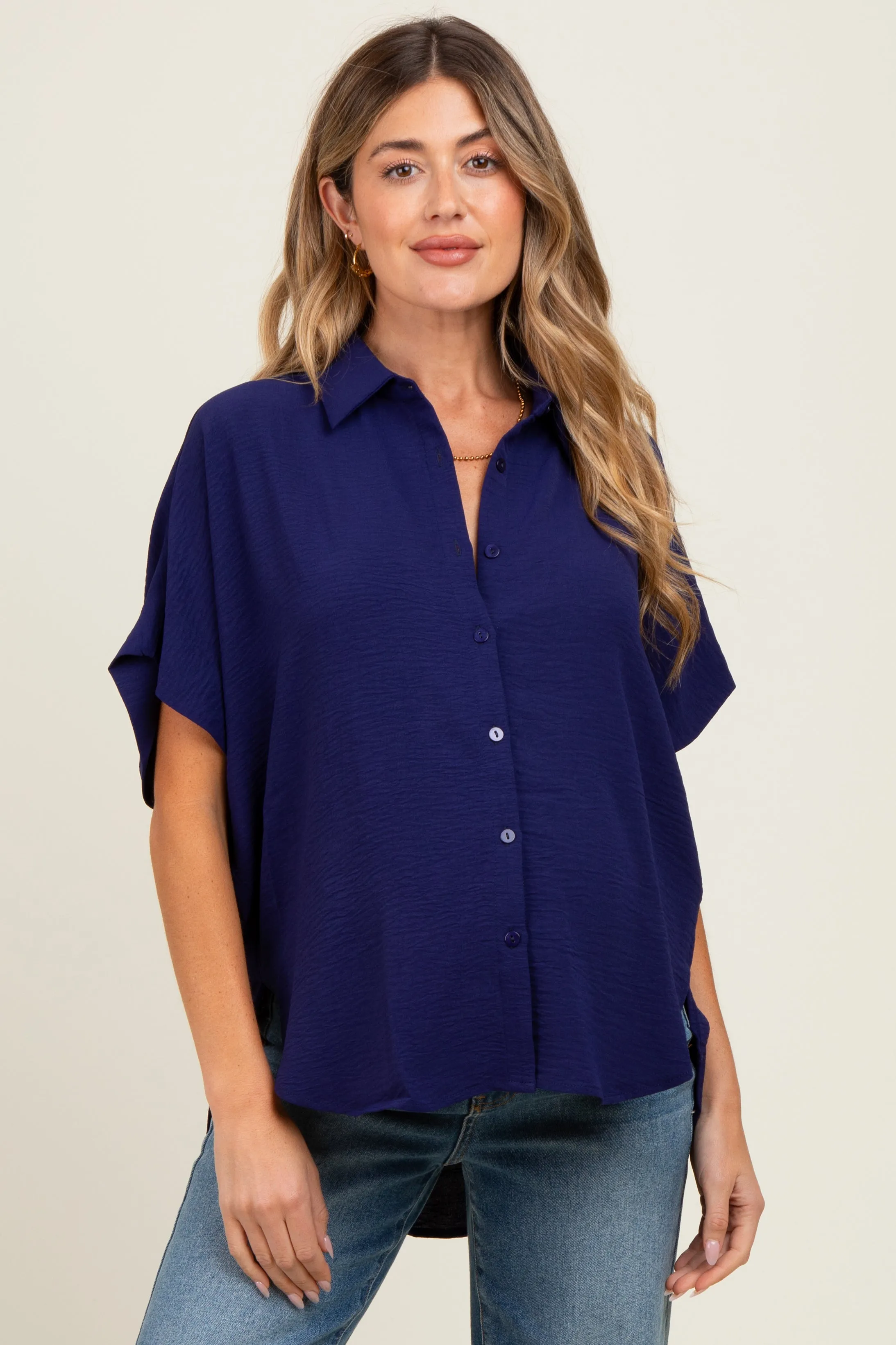 Navy Solid Collared Button-Up Maternity Top sold by Pinkblush