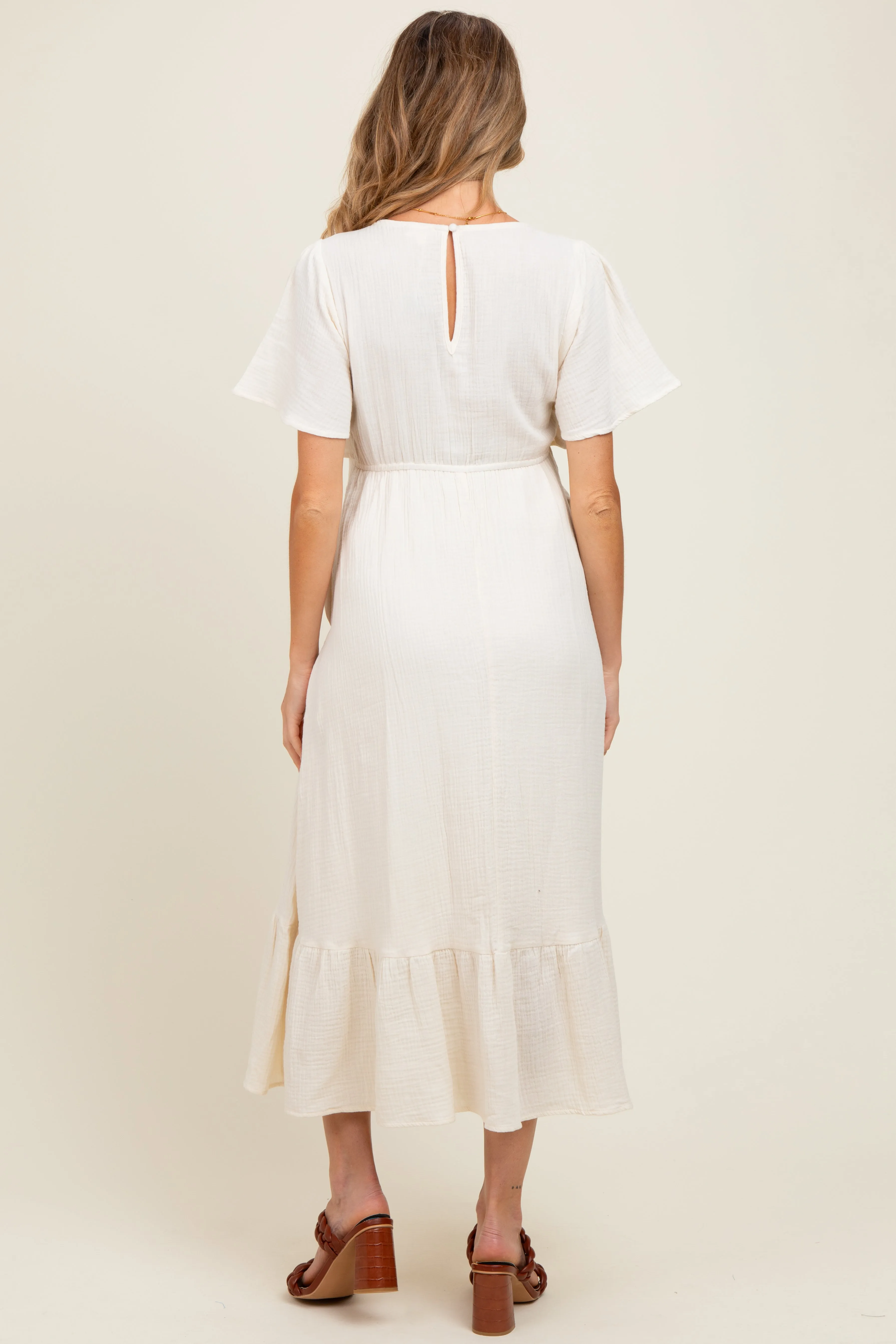 Cream Bust Knot Cotton Gauze Maternity Midi Dress sold by Pinkblush product image thumbnail 4