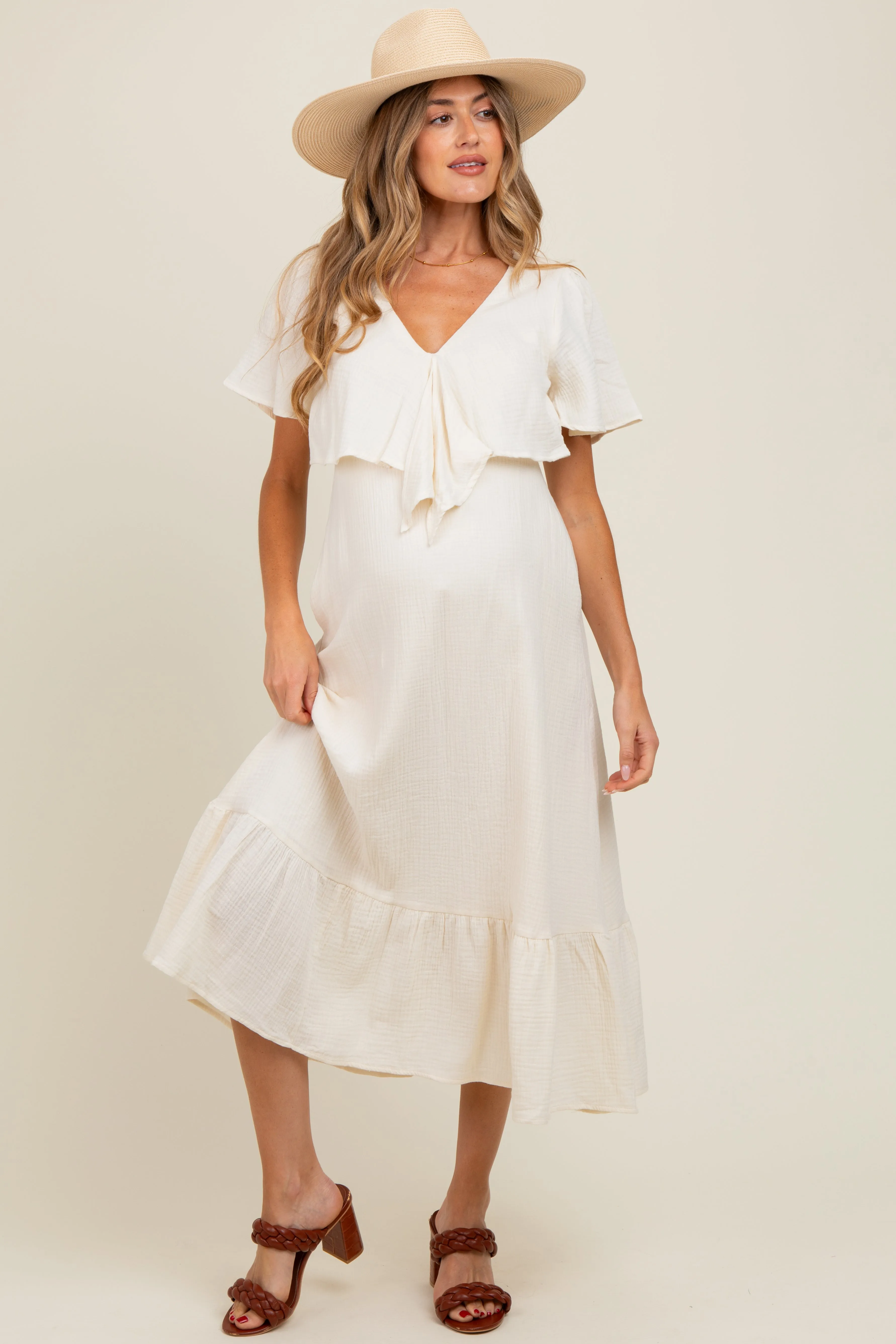 Cream Bust Knot Cotton Gauze Maternity Midi Dress sold by Pinkblush