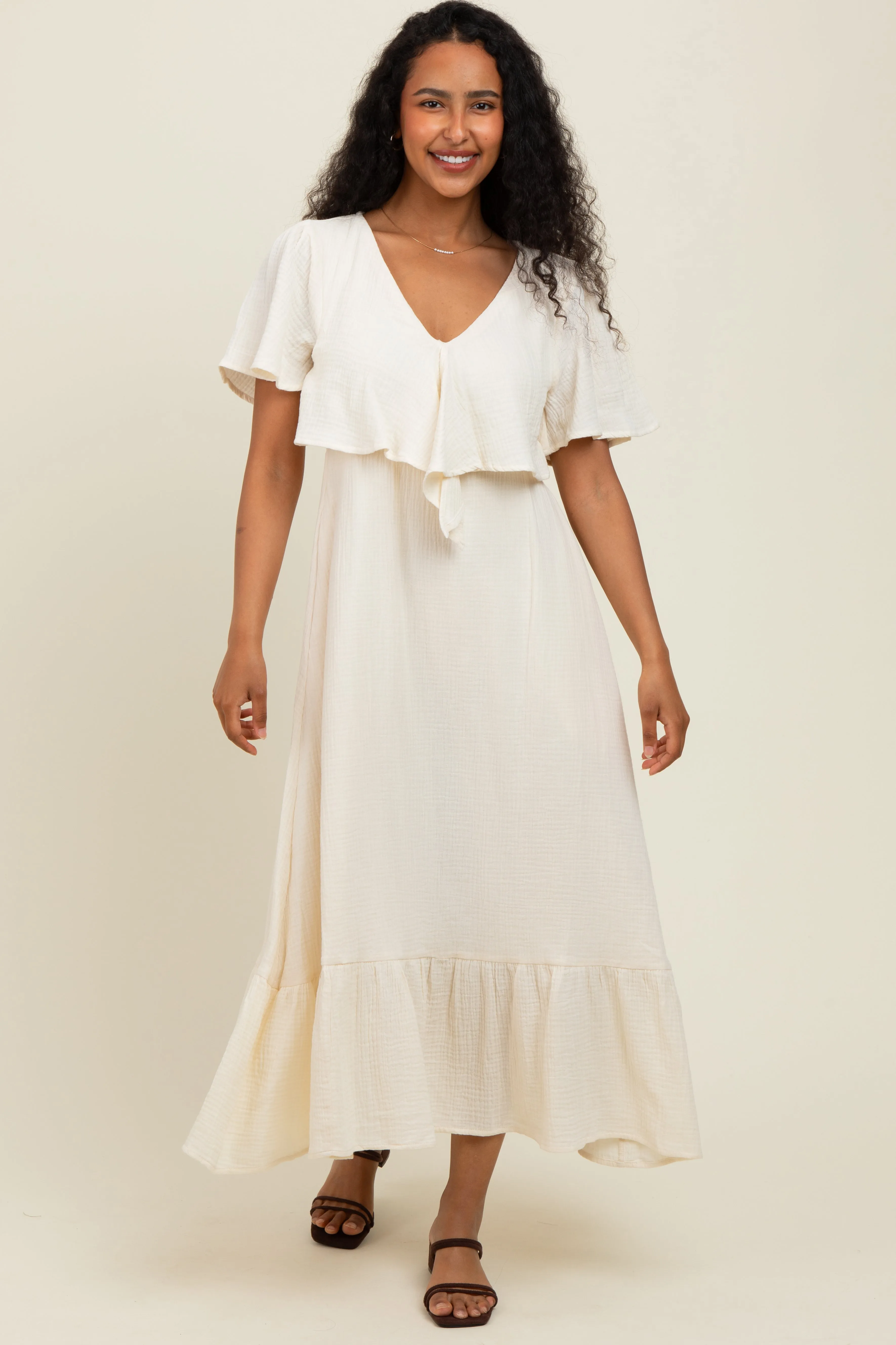 Cream Bust Knot Cotton Gauze Maternity Midi Dress sold by Pinkblush product image thumbnail 5